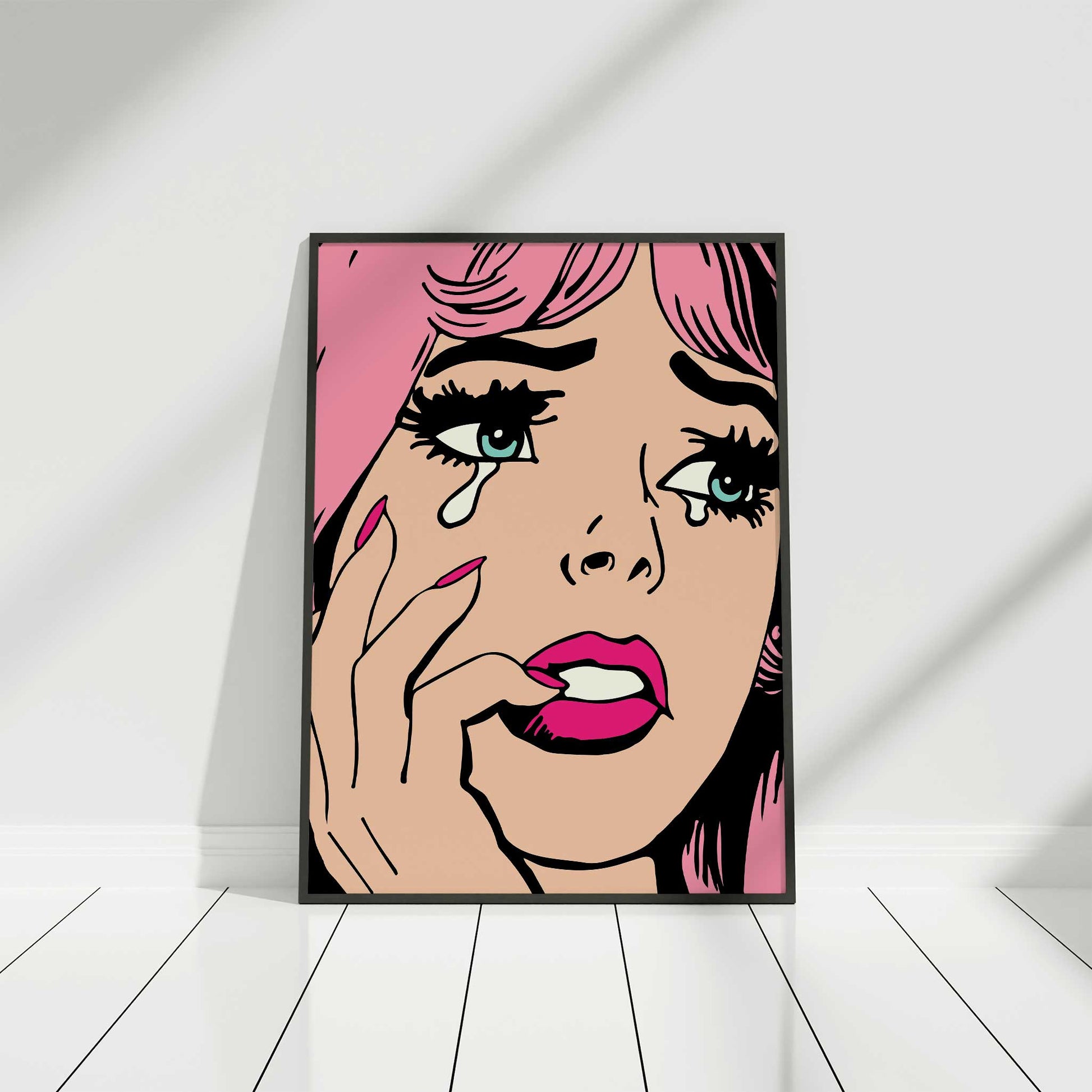 pop art print crying girl pink mockup black fame