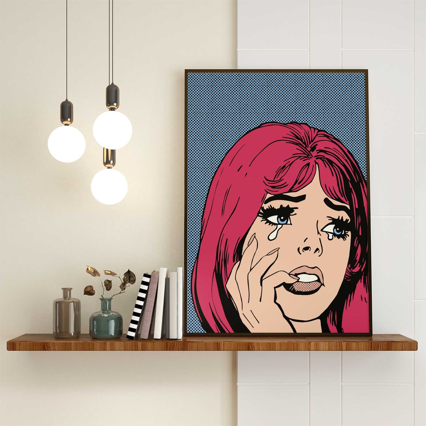 pop art print crying girl red hair mockup black frame shelf