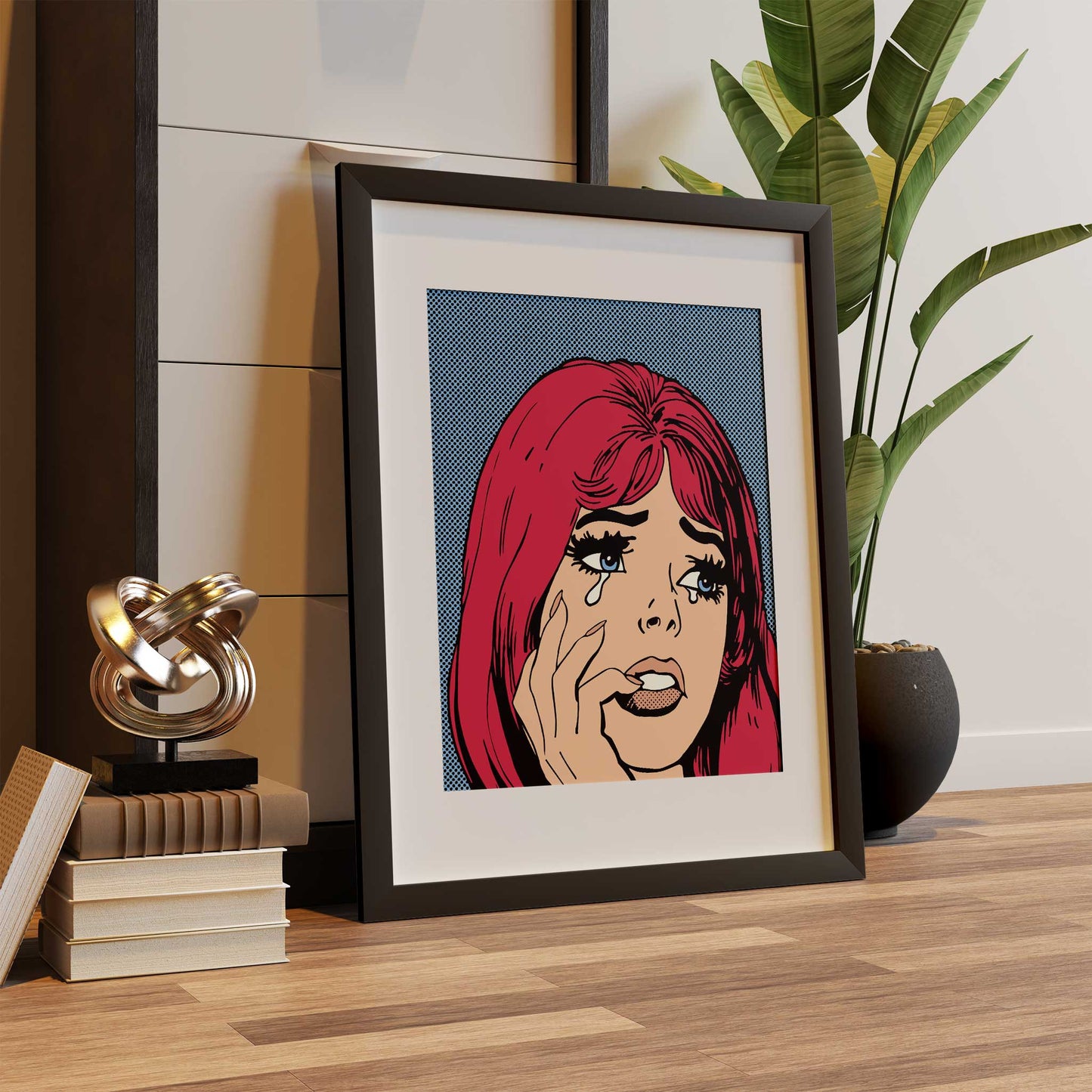 pop art print crying girl red hair mockup black frame floor