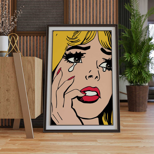 pop art print crying girl yellow mockup dark wood frame trendy living room