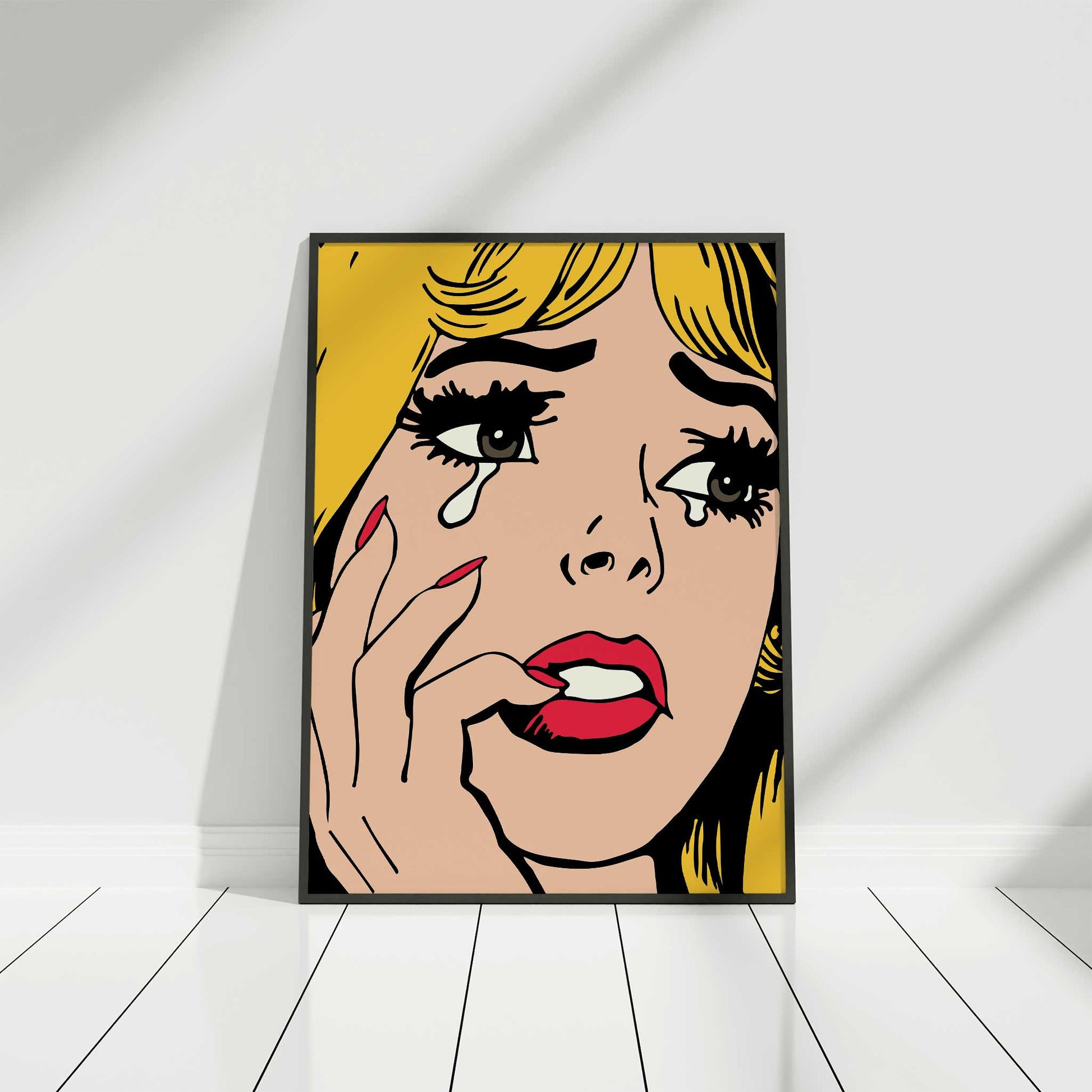 pop art print crying girl yellow mockup black wood frame  floor white background