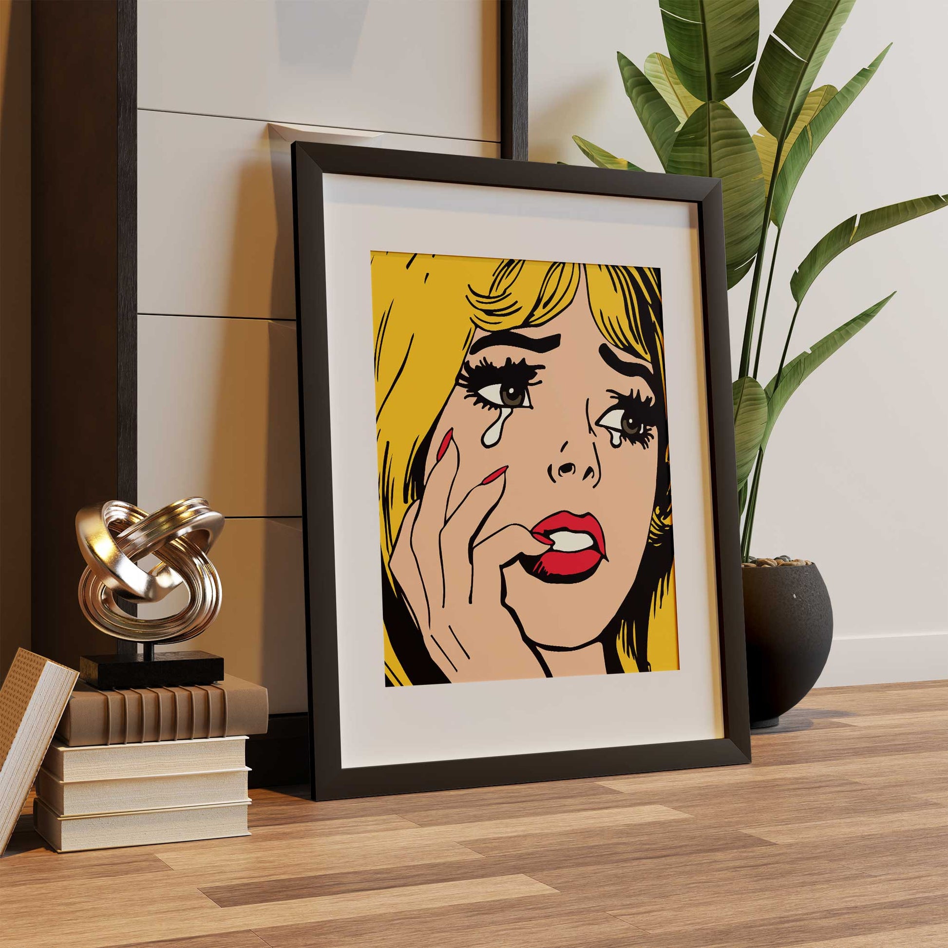 pop art print crying girl yellow mockup dark wood frame floor trendy living room