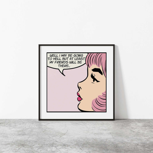 pop art print comic girl funny sarcasm quote mockup black frame against white wall