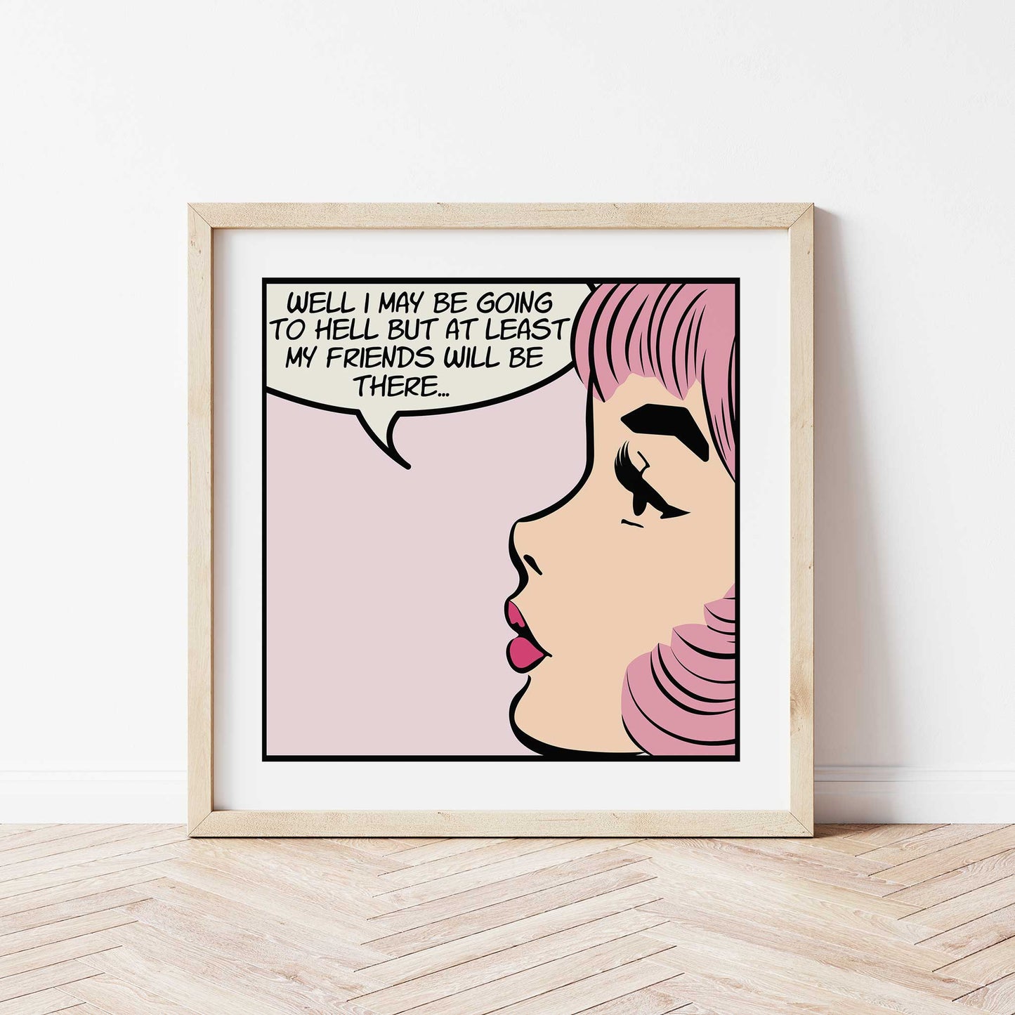 pop art print comic girl funny sarcasm quote mockup wooden frame on wooden floor