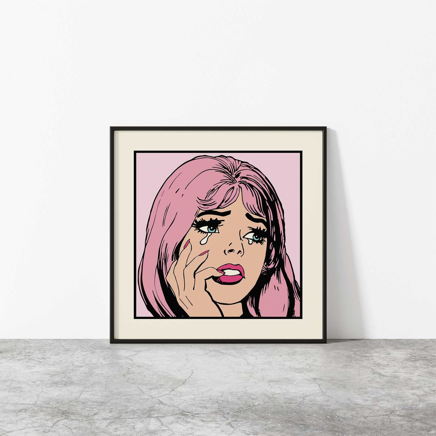 pop art print retro comic girl pink mockup Black frame wooden floor