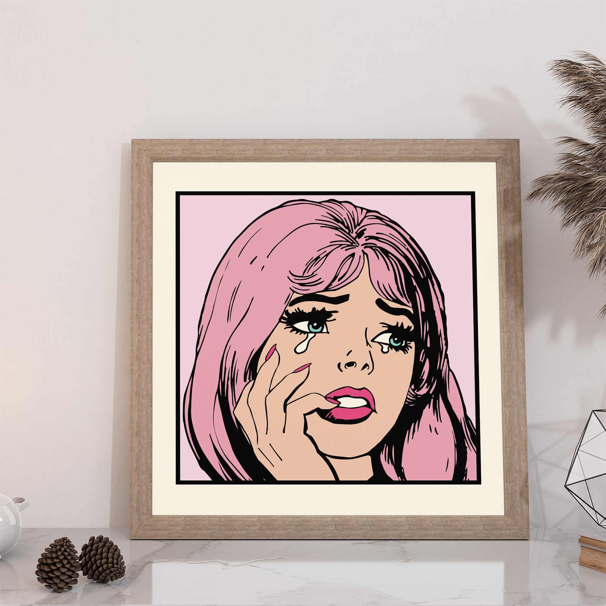 pop art print retro comic girl pink mockup wooden frame sideboard trendy lounge