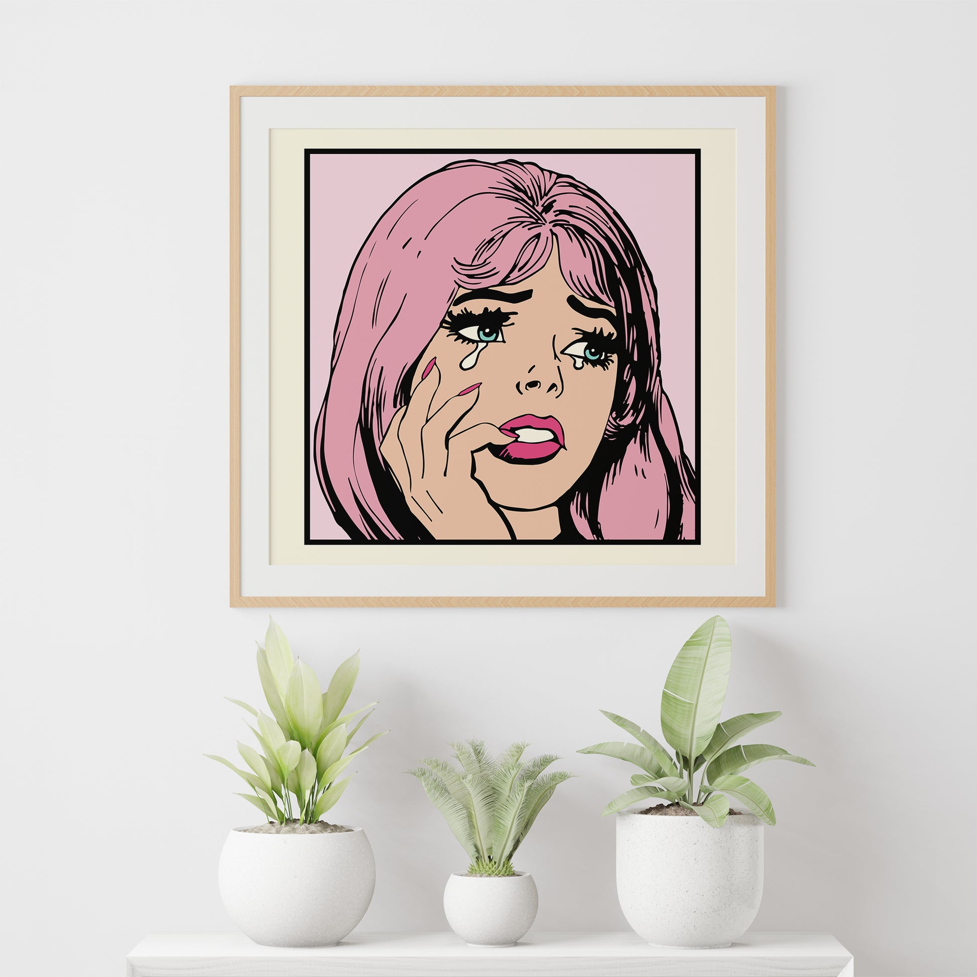 pop art print retro comic girl pink mockup wooden frame above shelf cool white living room