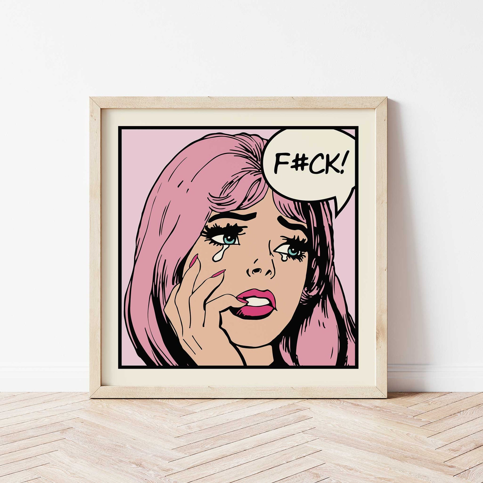 pop art print swearing retro comic girl pink mockup light wood frame wooden floor