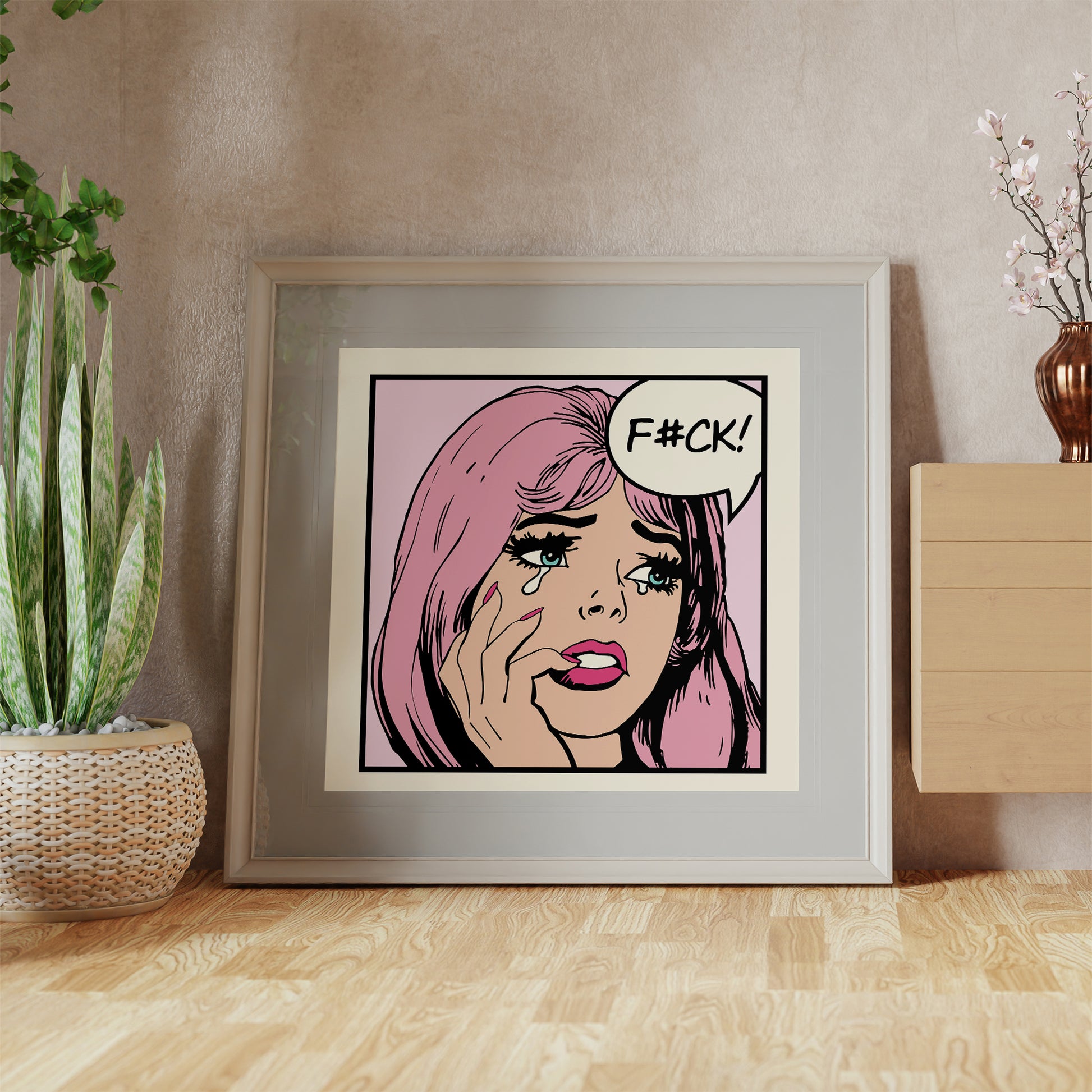 pop art print swearing retro comic girl pink mockup light frame trendy apartment