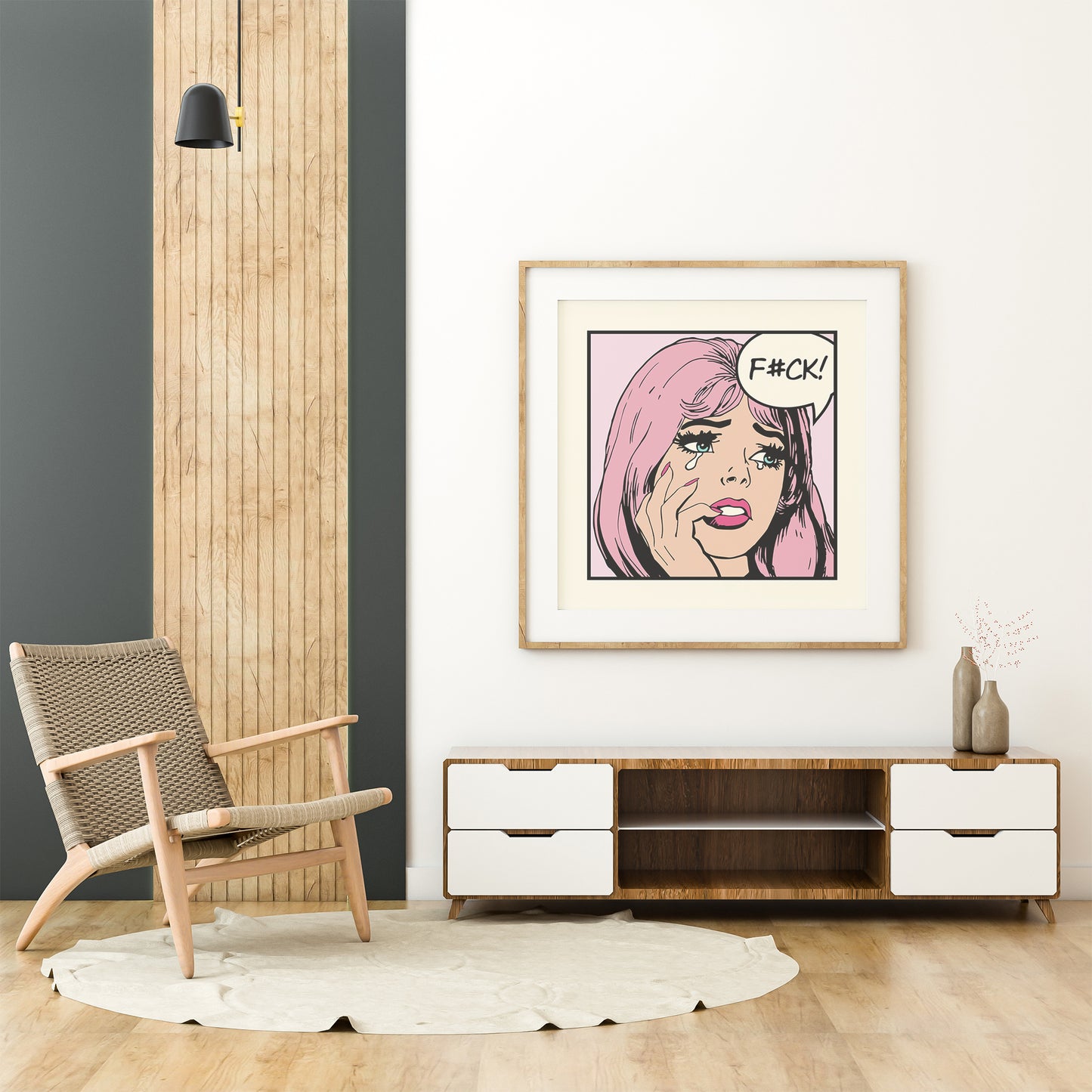 pop art print swearing retro comic girl pink mockup light wood frame trendy living room