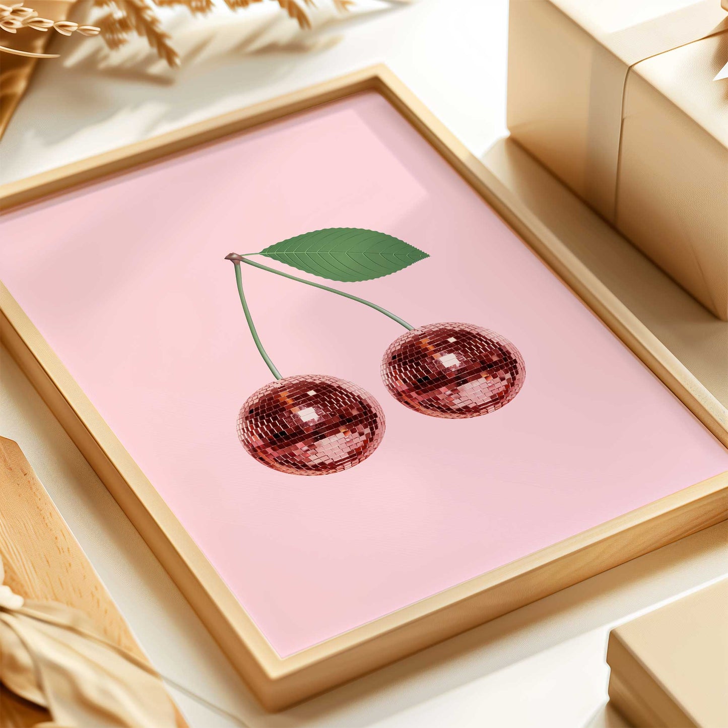 red disco cherries print mockup apartment light wooden frame