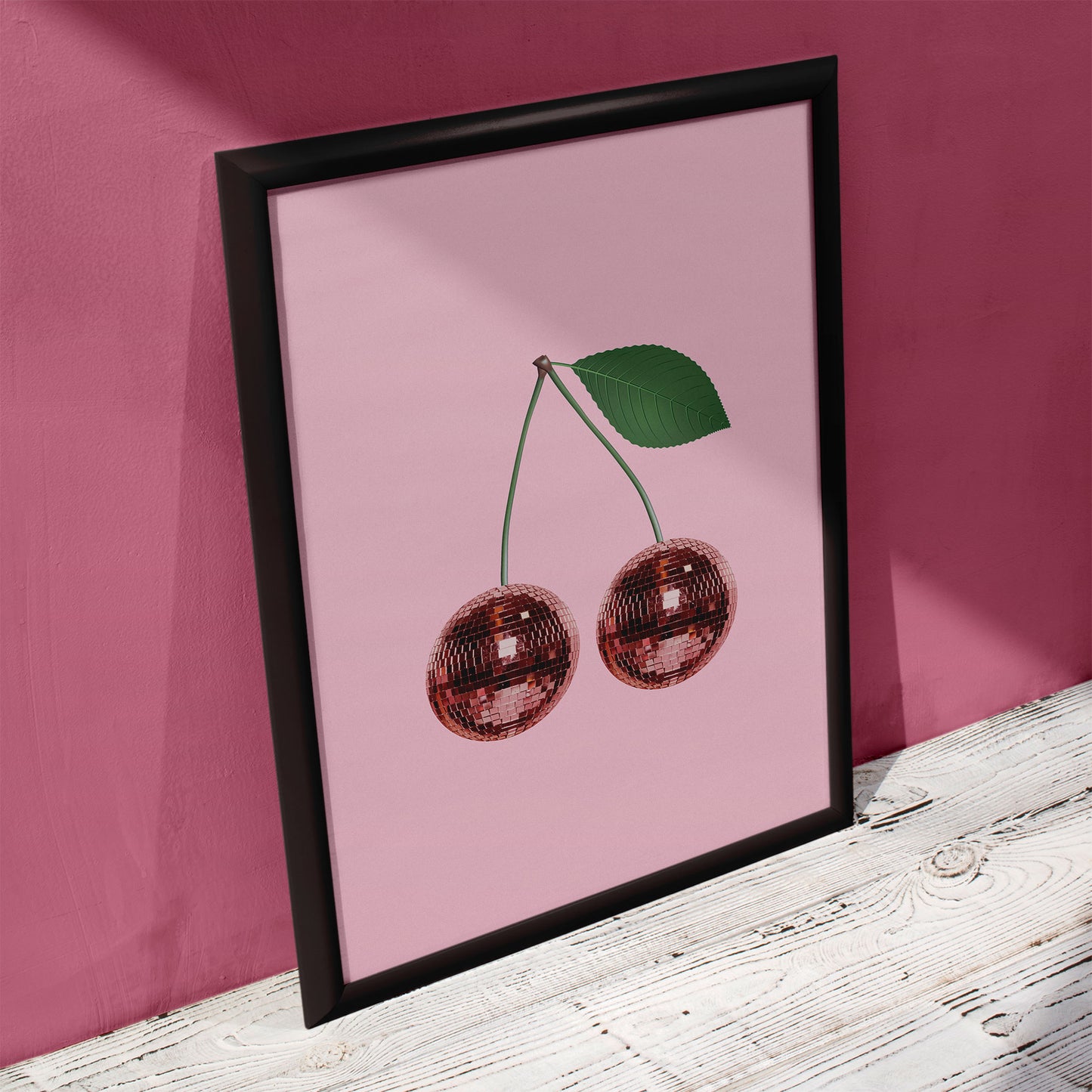 red disco cherries print mockup trendy apartment black frame