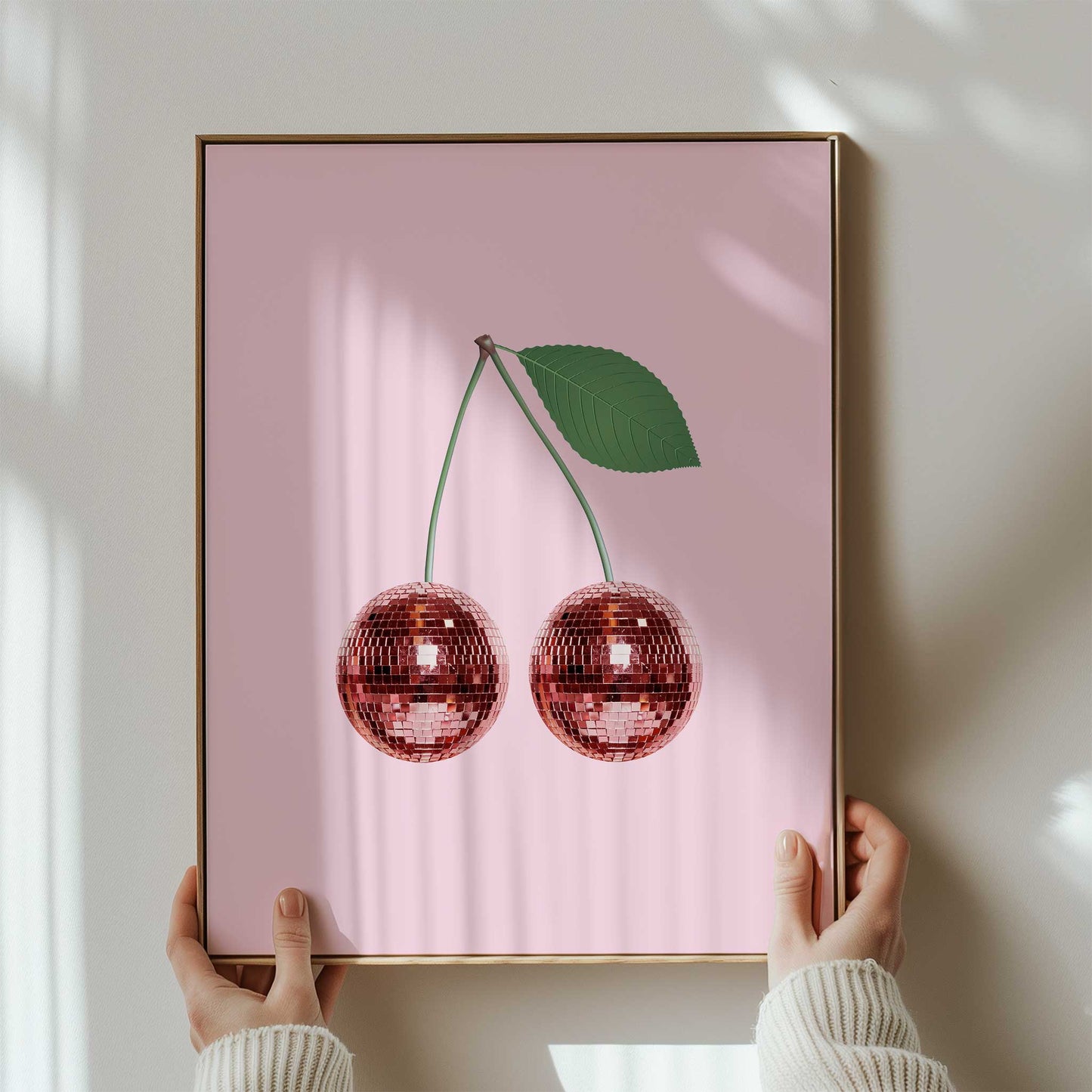 red disco cherries print rmockup lounge light wooden frame