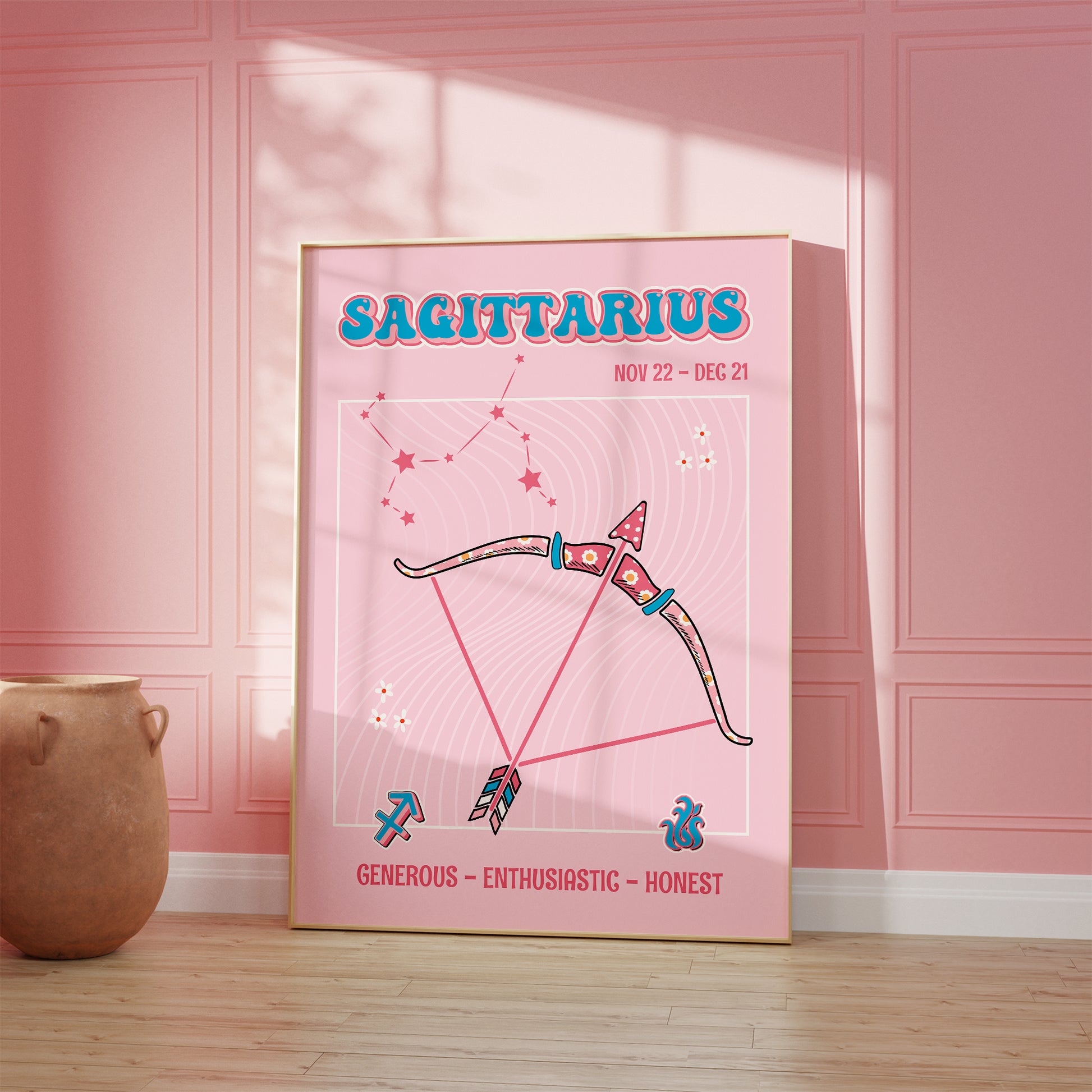 Sagittarius zodiac print retro style framed mockup trendy living room