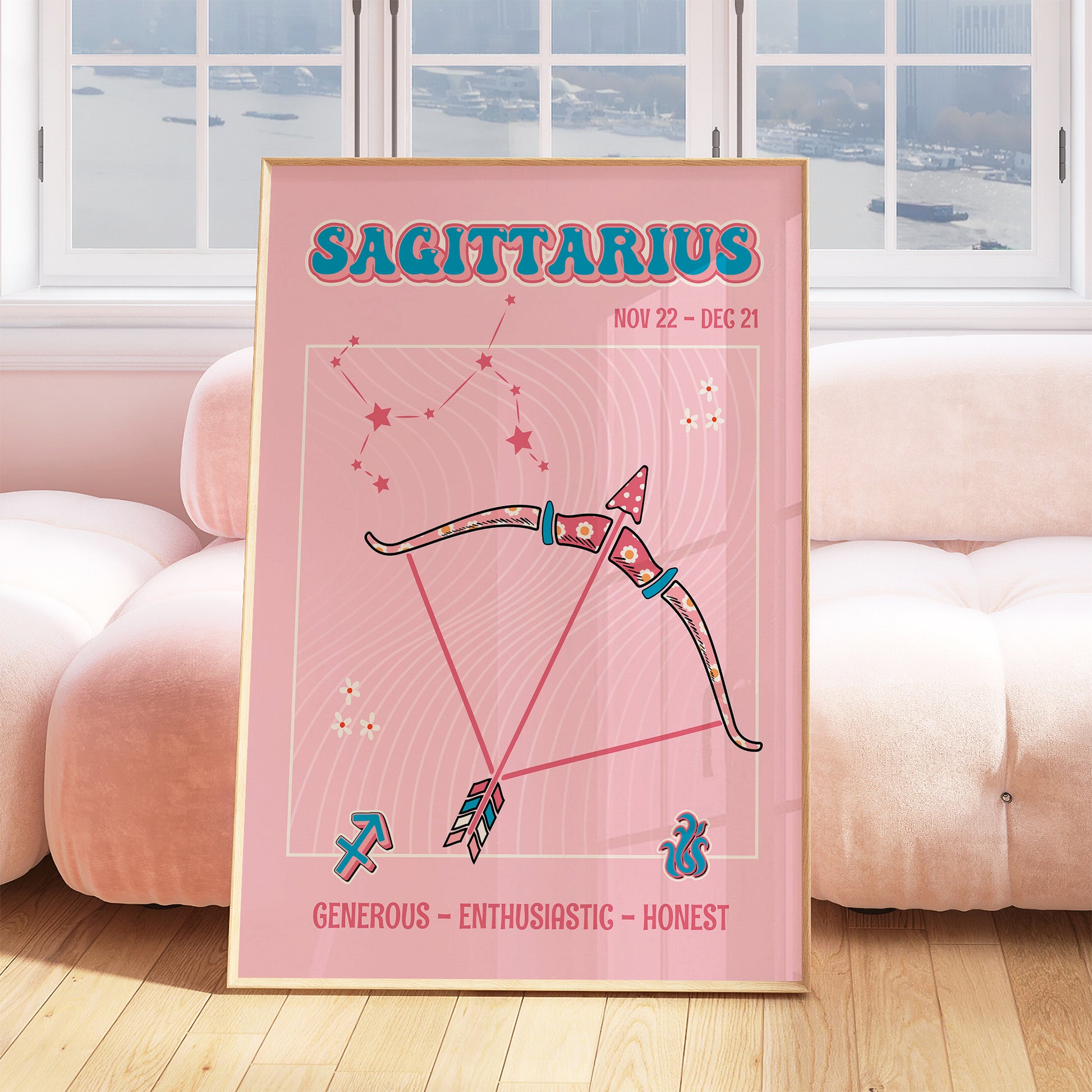 Sagittarius zodiac print retro style framed mockup trendy living room