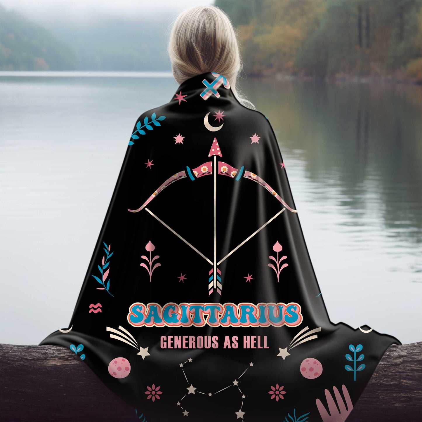 sagittarius zodiac sherpa blanket draped over girl by riiver