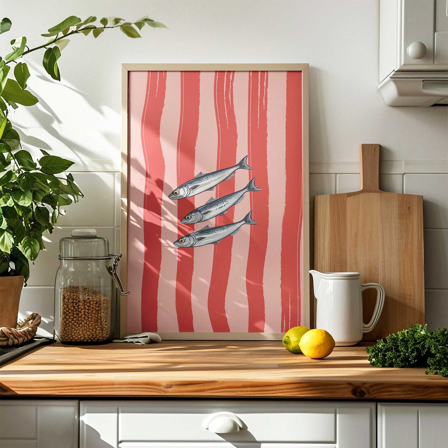 sardines print pink framed mockup trendy kitchen counter