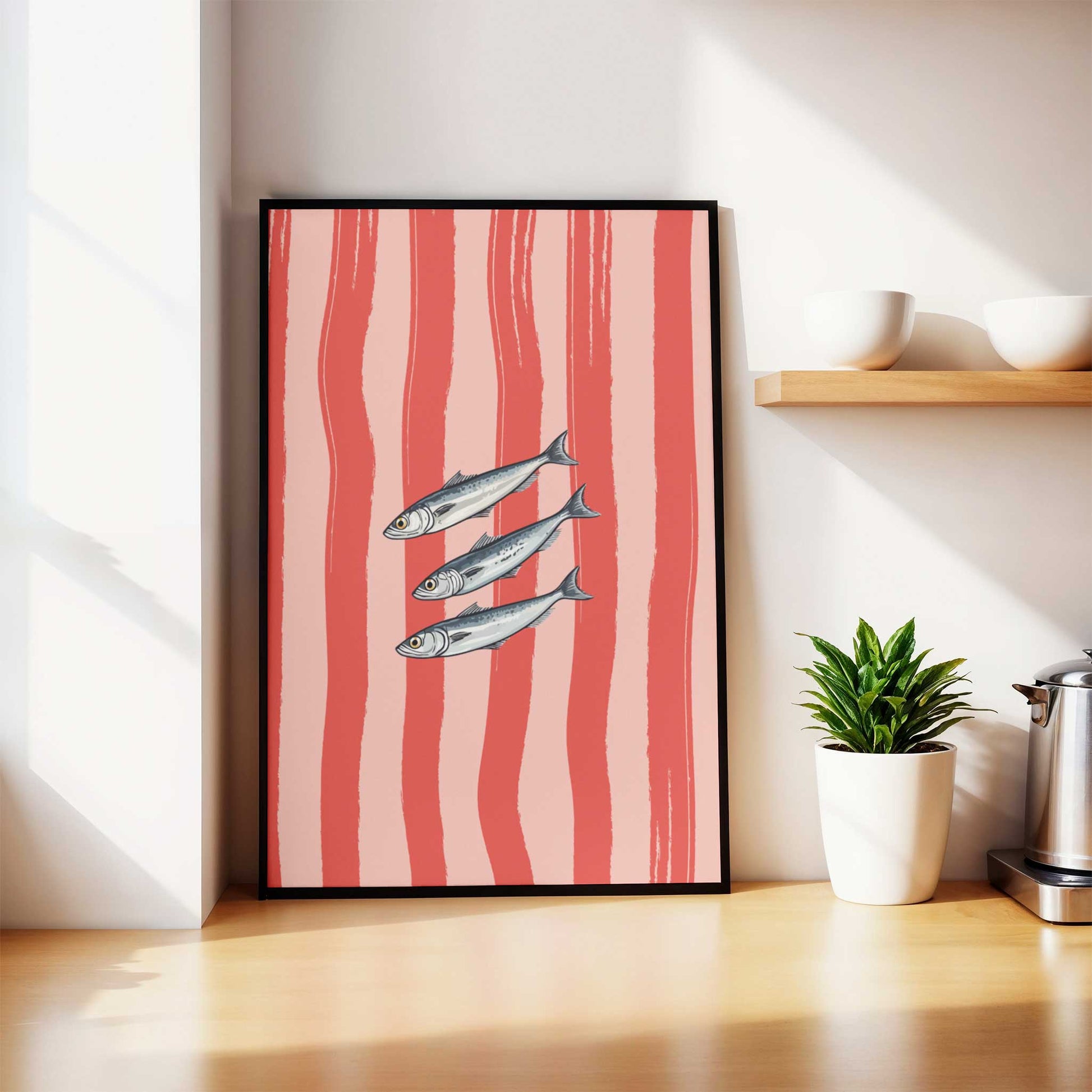 sardines print pink framed mockup trendy kitchen counter