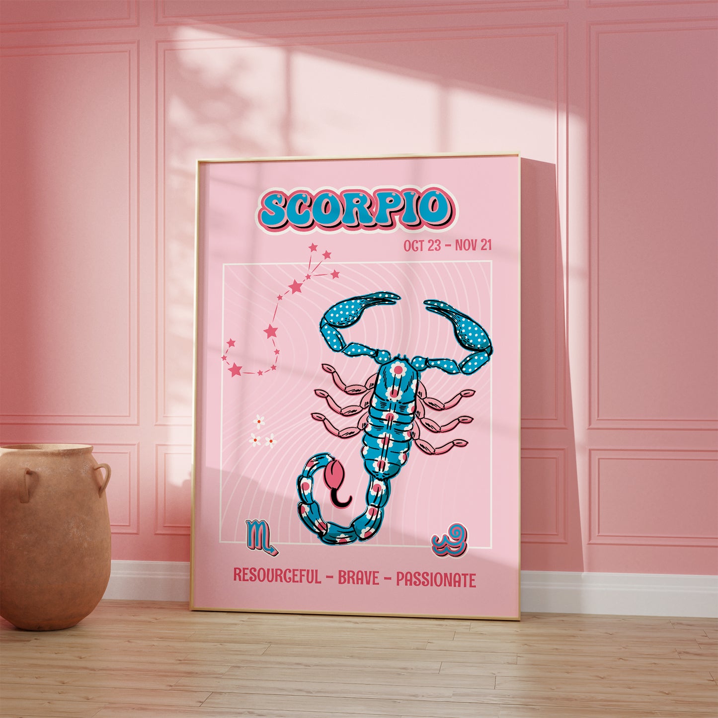 Scorpio zodiac print retro style framed mockup trendy living room