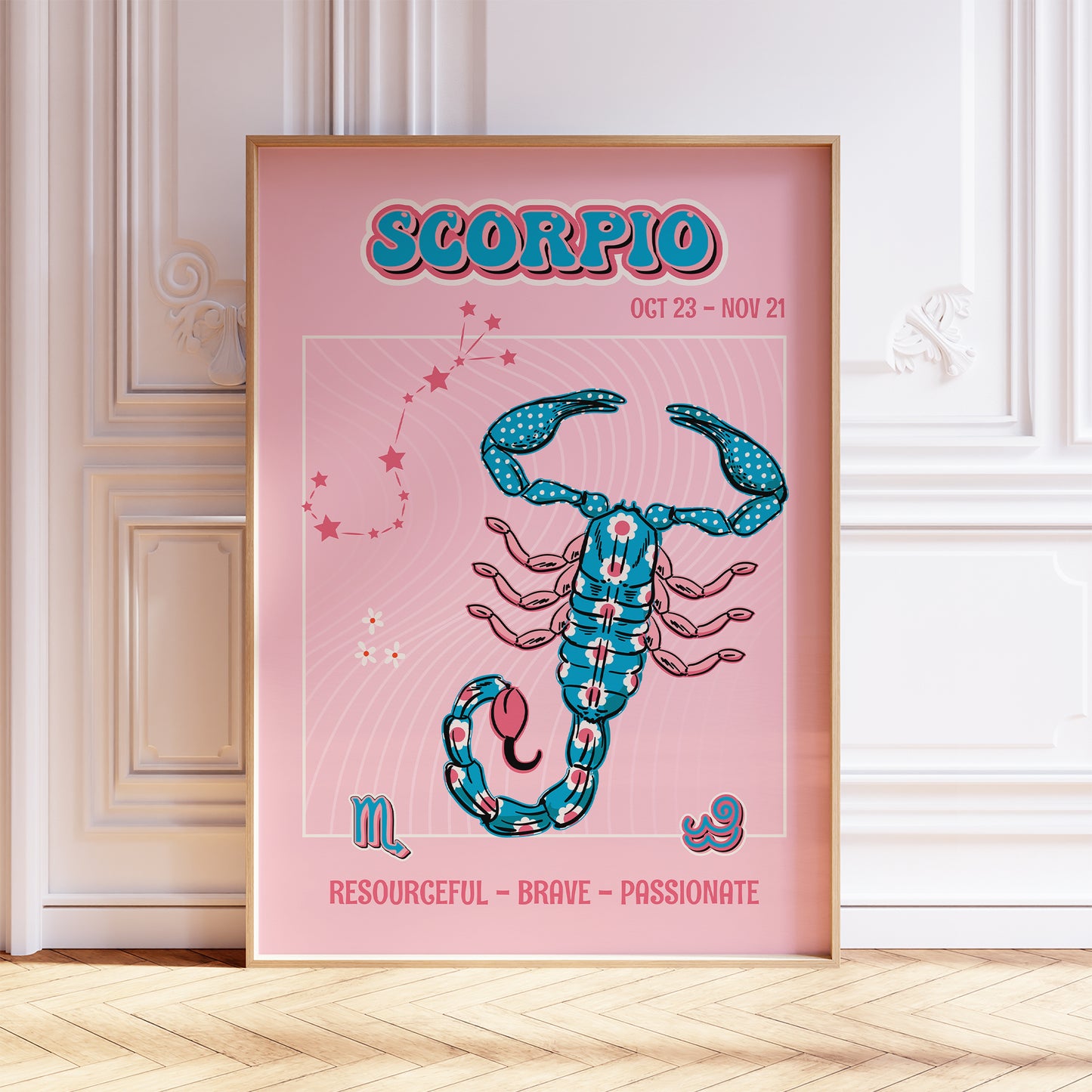 Scorpio zodiac print retro style framed mockup trendy living room