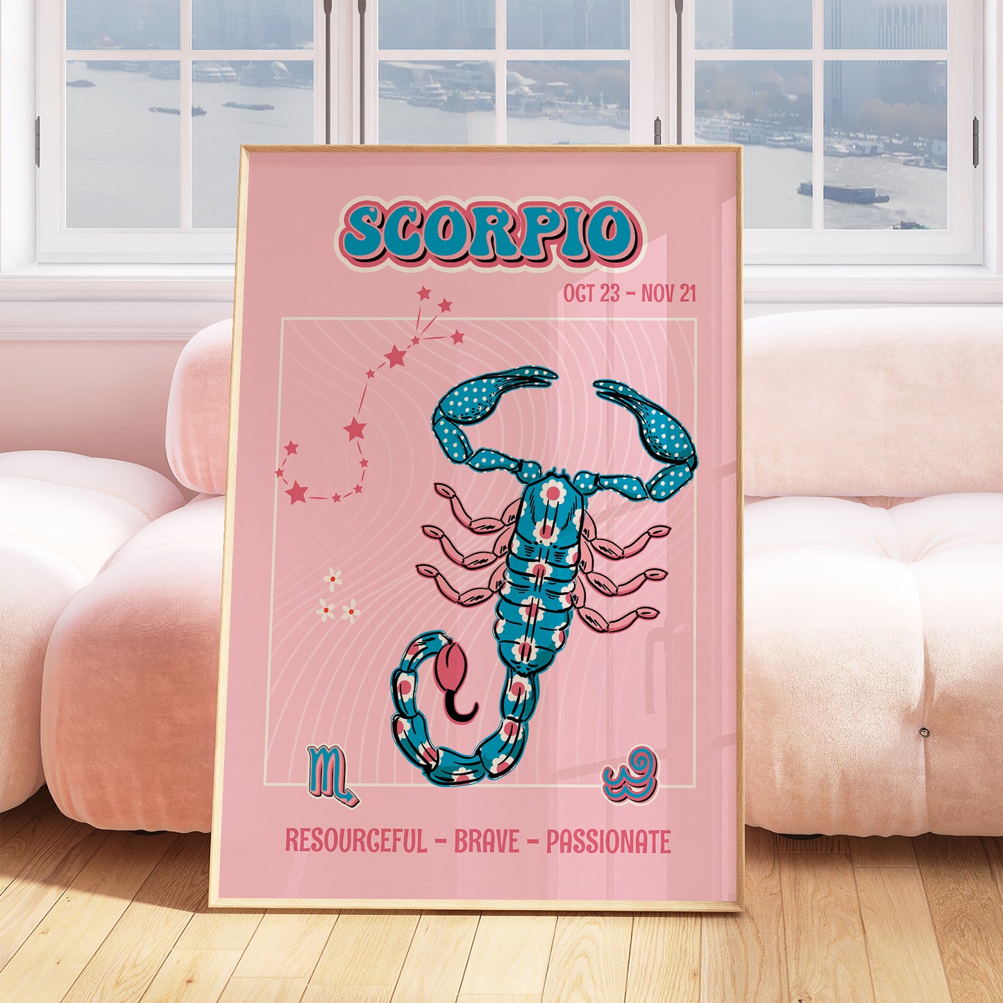 Scorpio zodiac print retro style framed mockup trendy living room