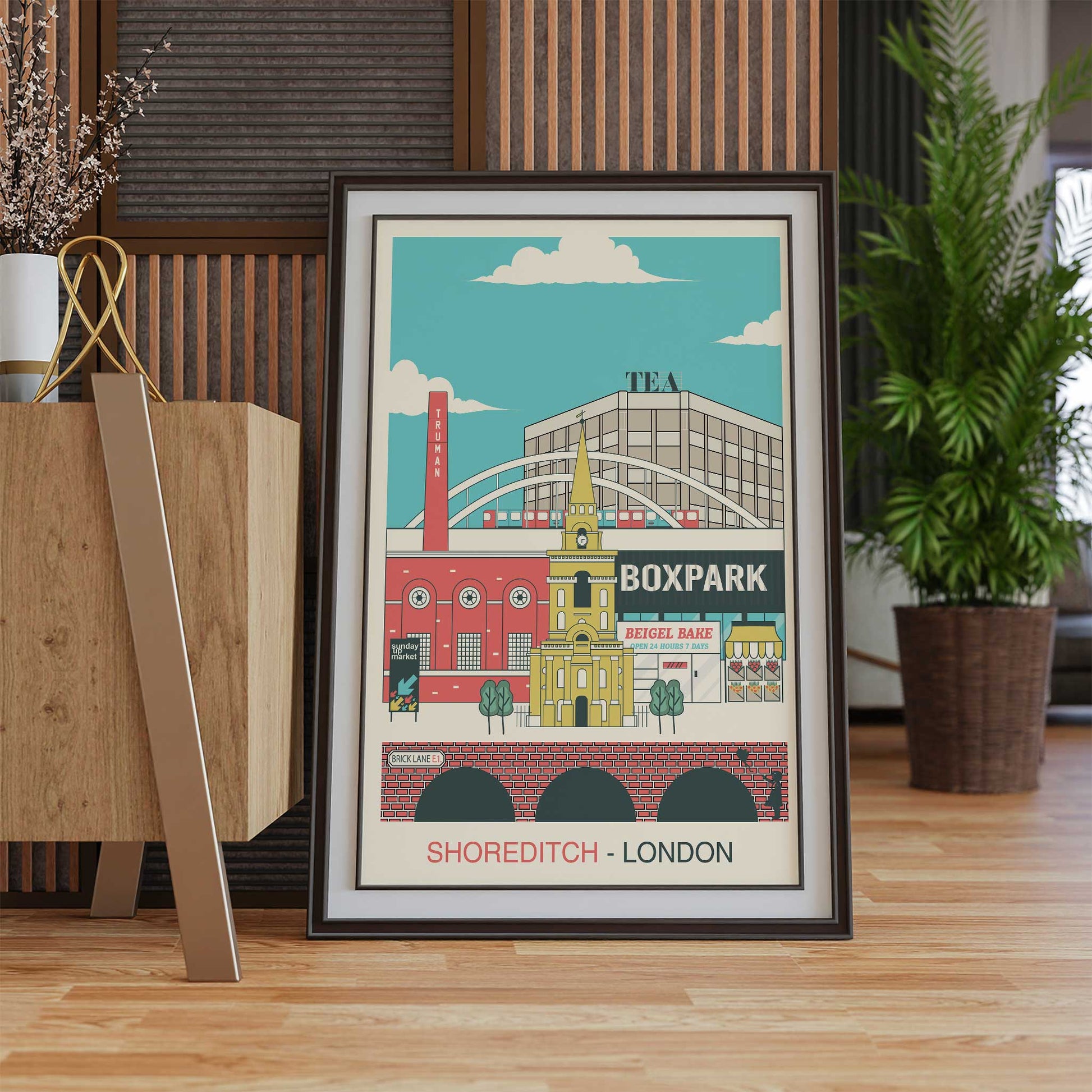 shoreditch print illustration east london landmarks mockup dark frame trendy living room