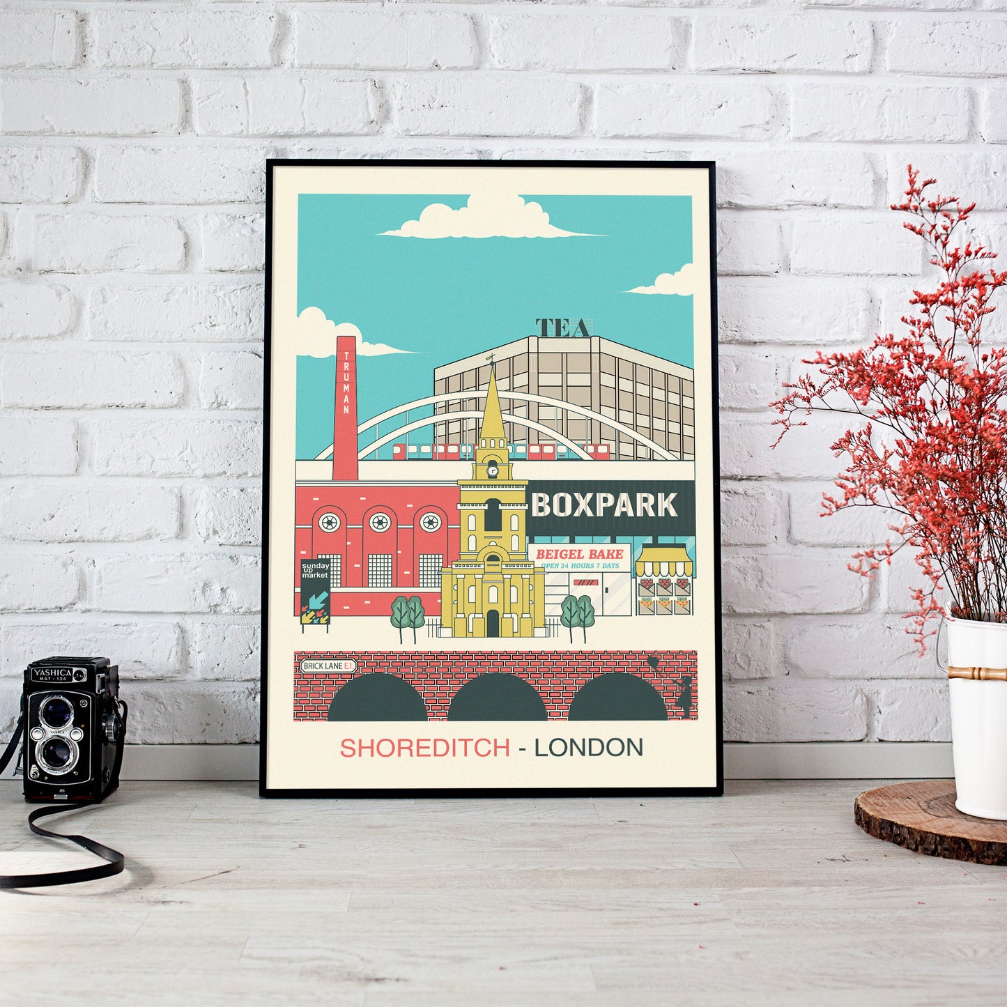 shoreditch print illustration east london landmarks mockup dark frame trendy apartment