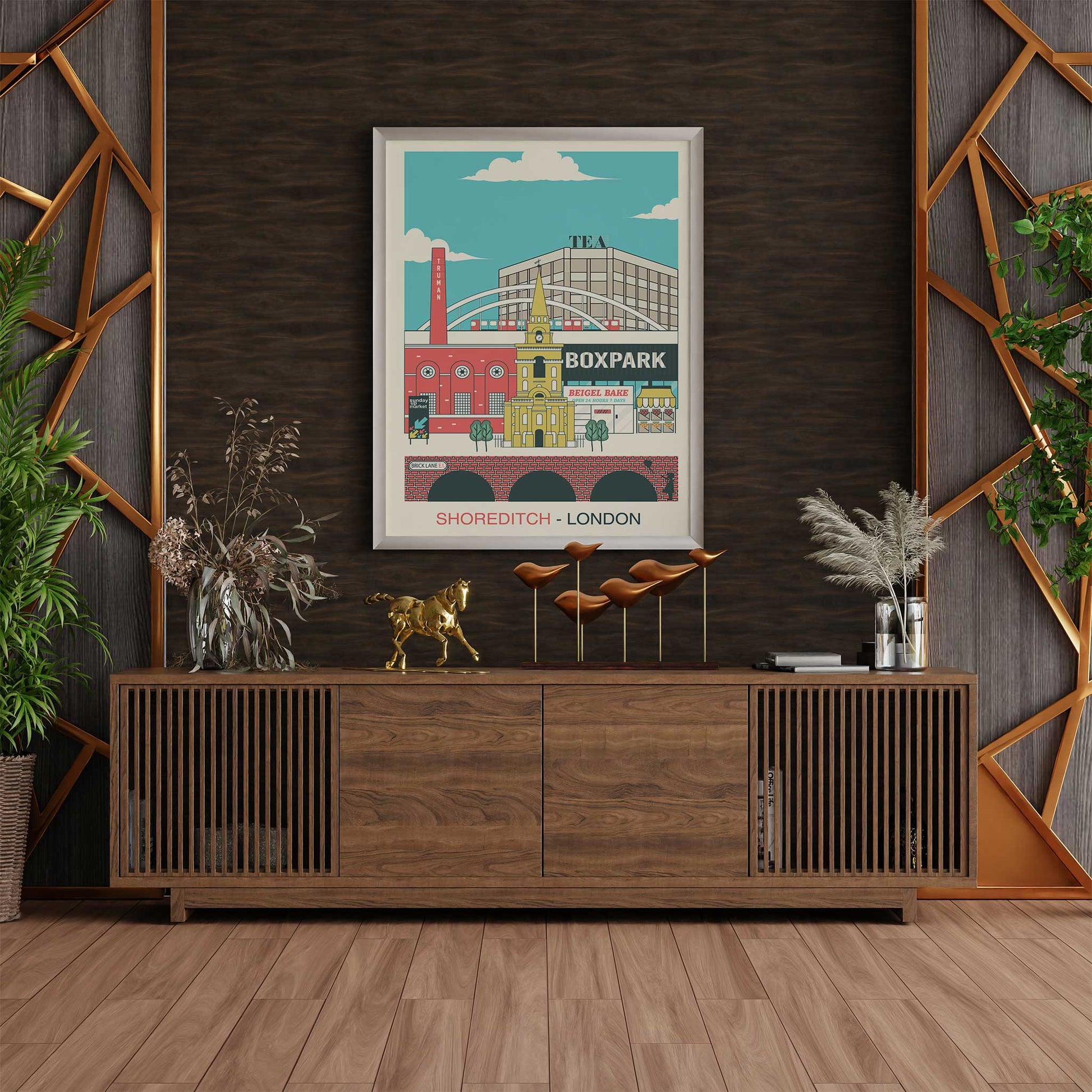 shoreditch print illustration east london landmarks mockup silver frame trendy living room