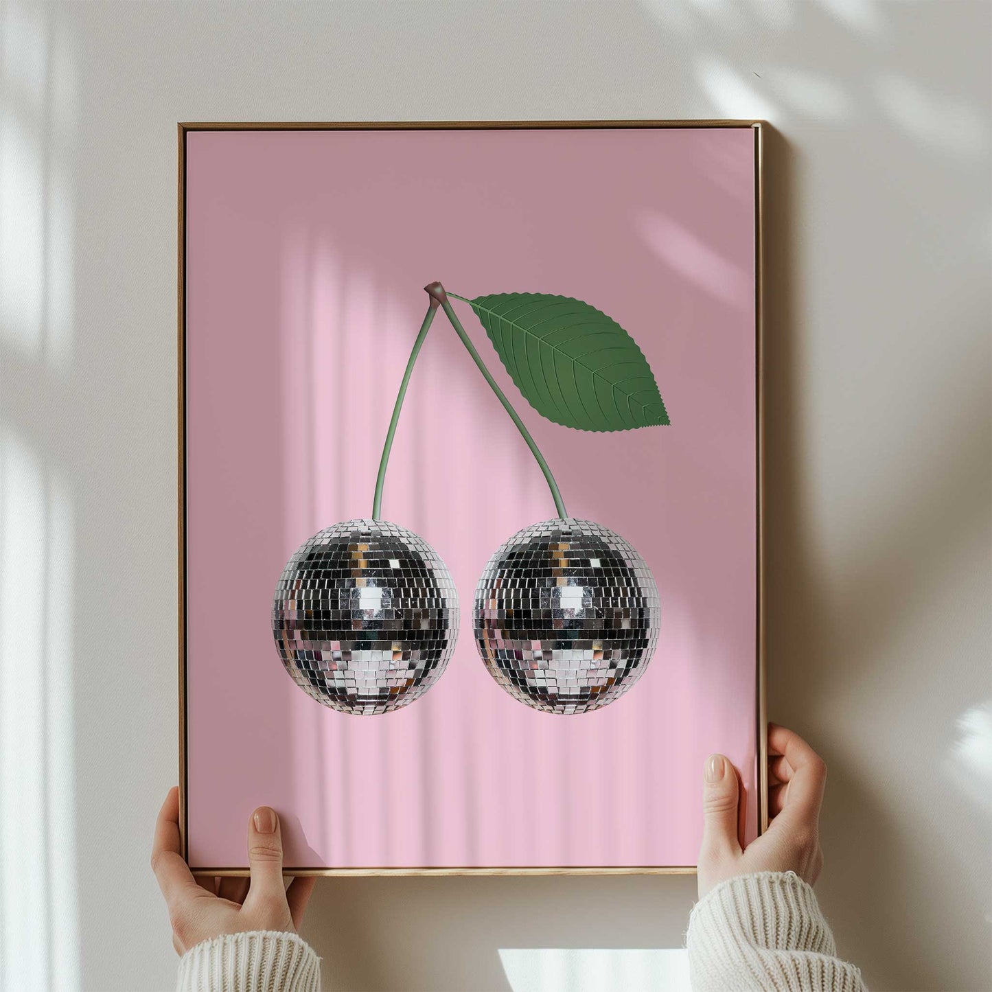 silver disco cherries print mockup trendy apartment wood frame