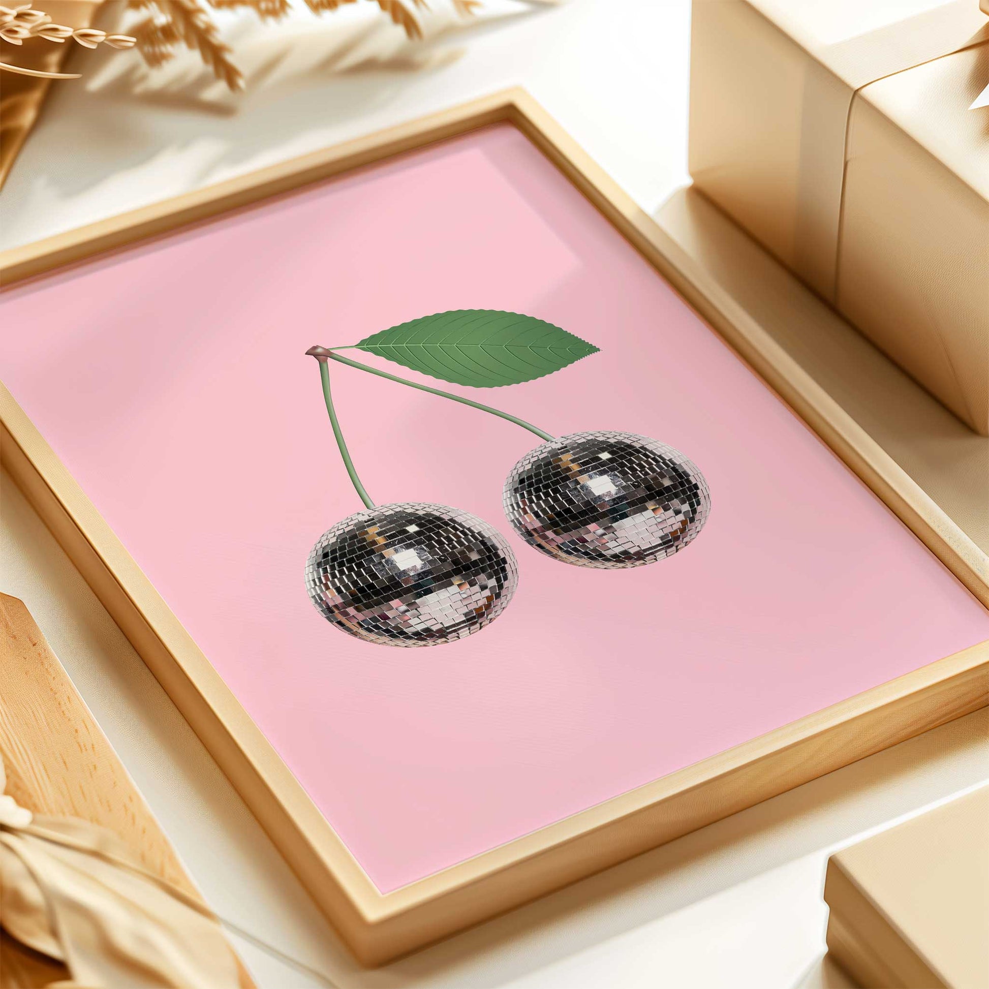 silver disco cherries print mockup trendy apartment wood frame