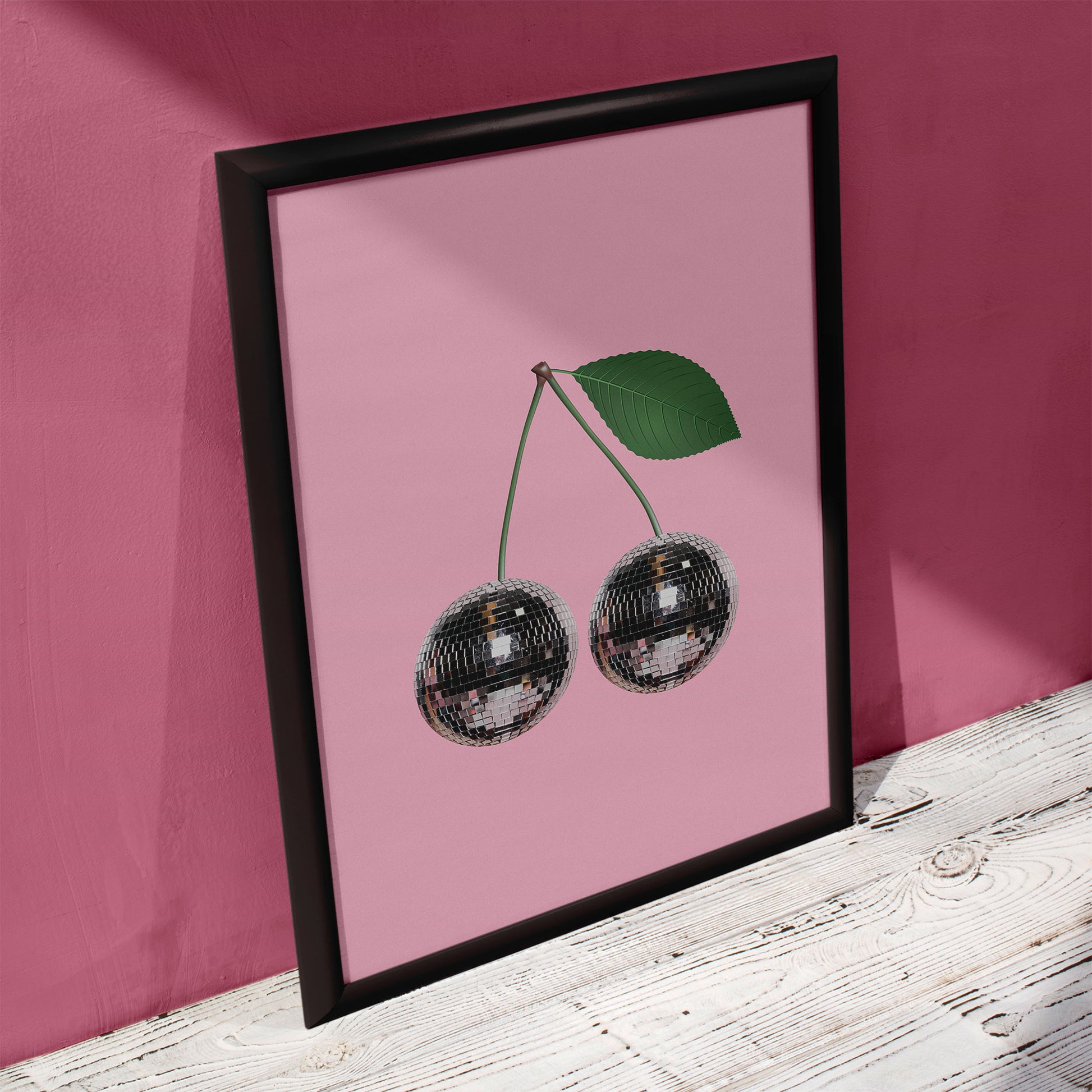 silver disco cherries print mockup trendy apartment wood frame