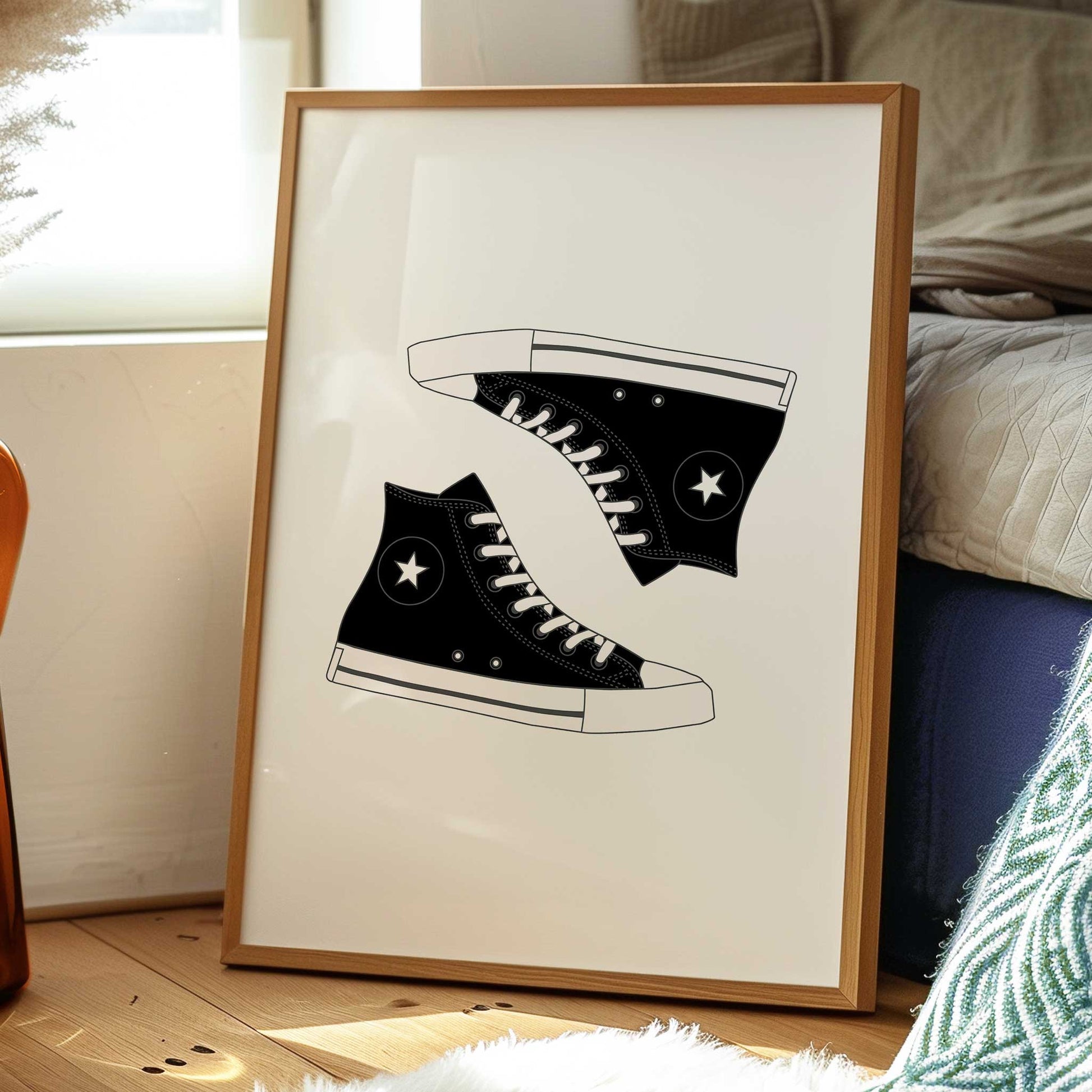 trendy black high top sneaker print mockup bedroom wooden frame