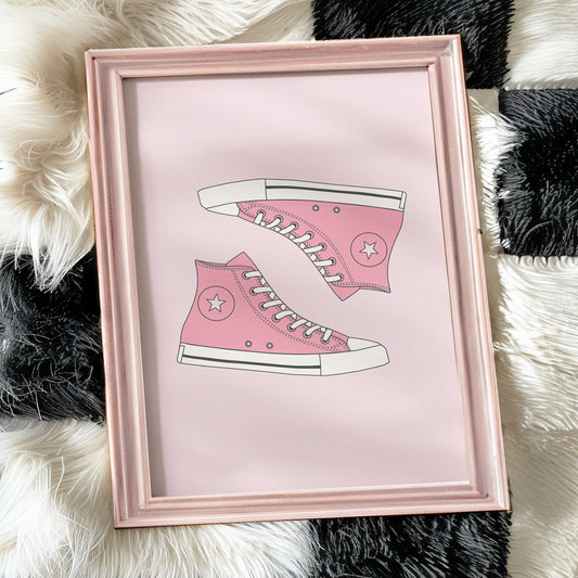 trendy pink high top sneaker print mockup pink frame black and white fur background