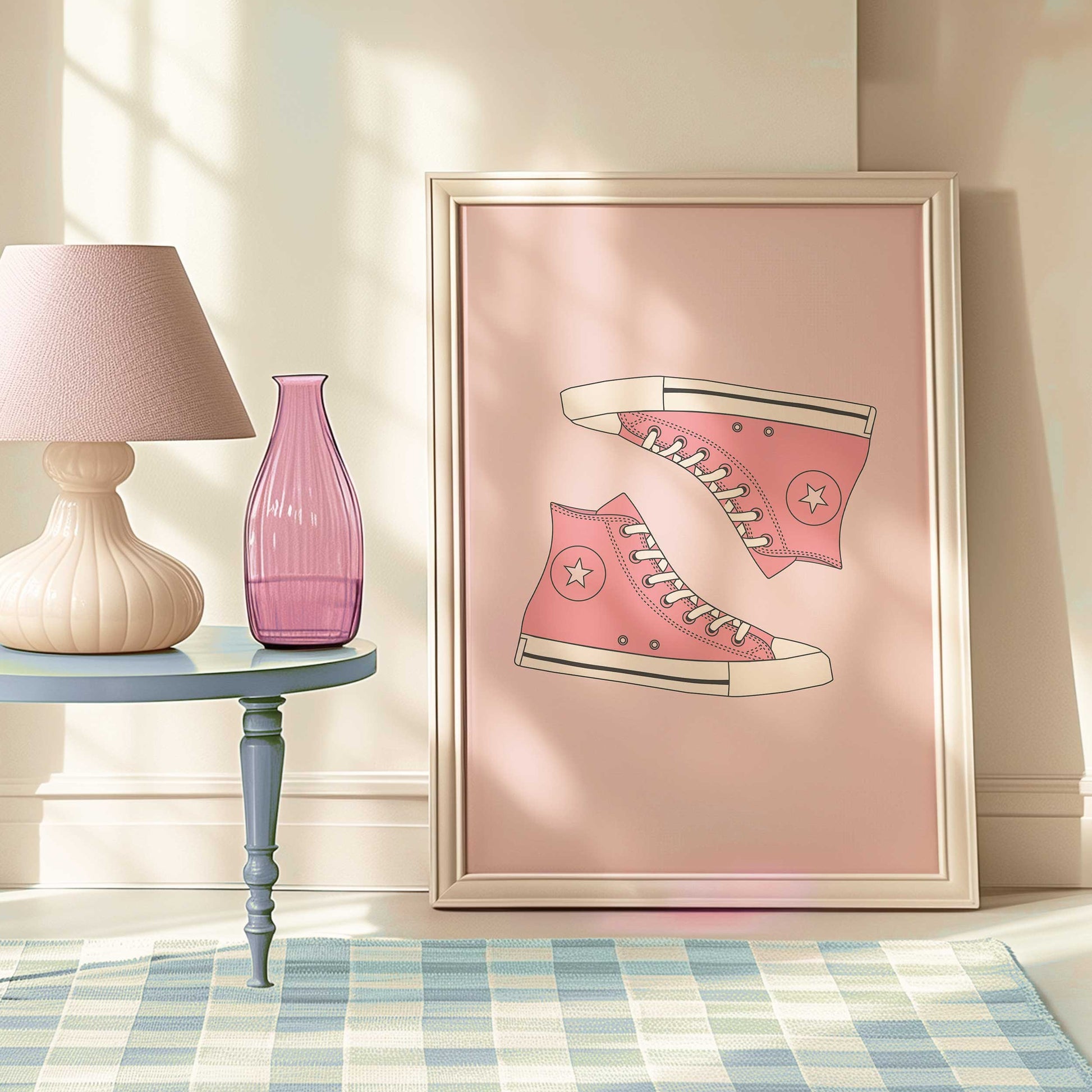 trendy pink high top sneaker print mockup light frame on floor cool apartment