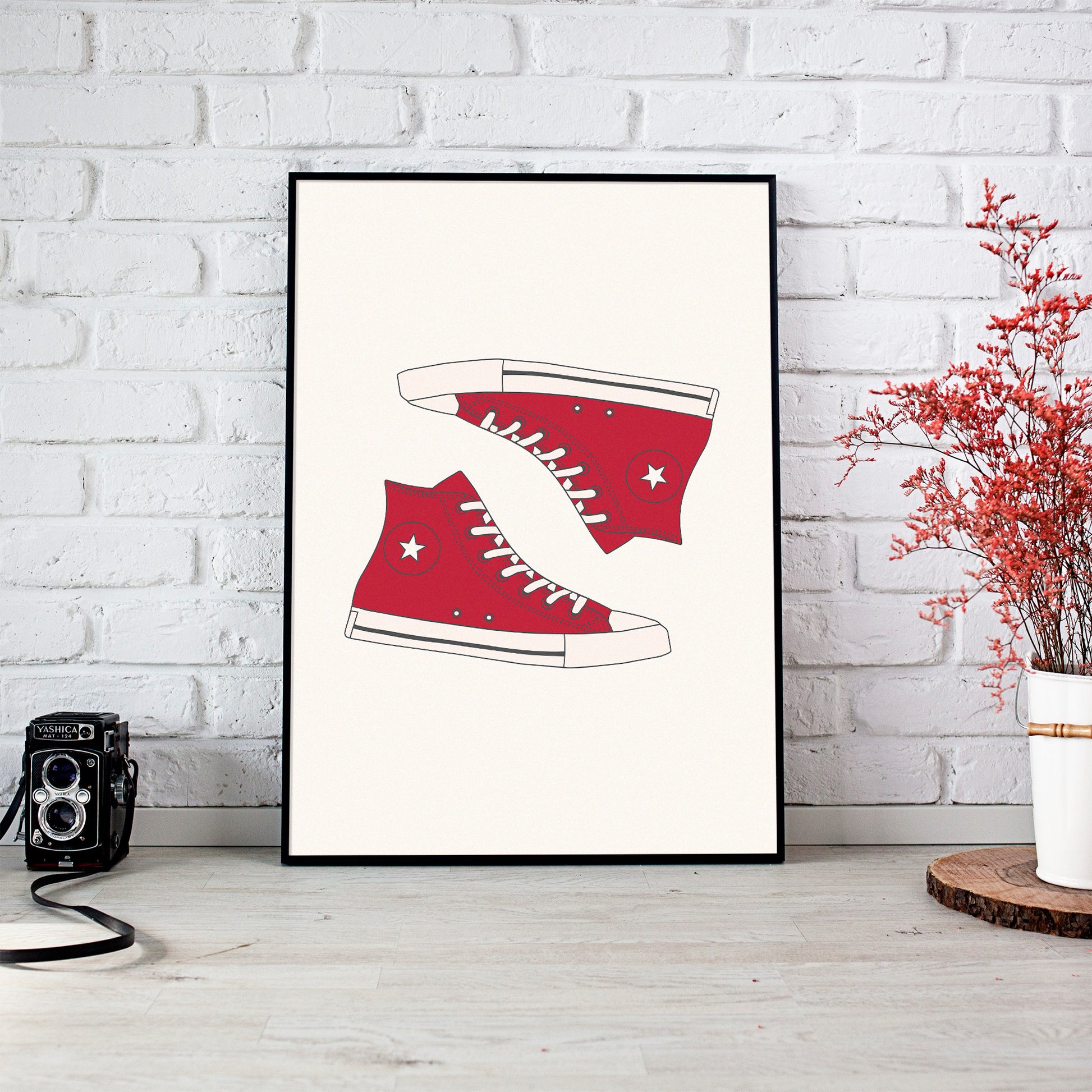 trendy red high top sneaker print mockup lounge black frame