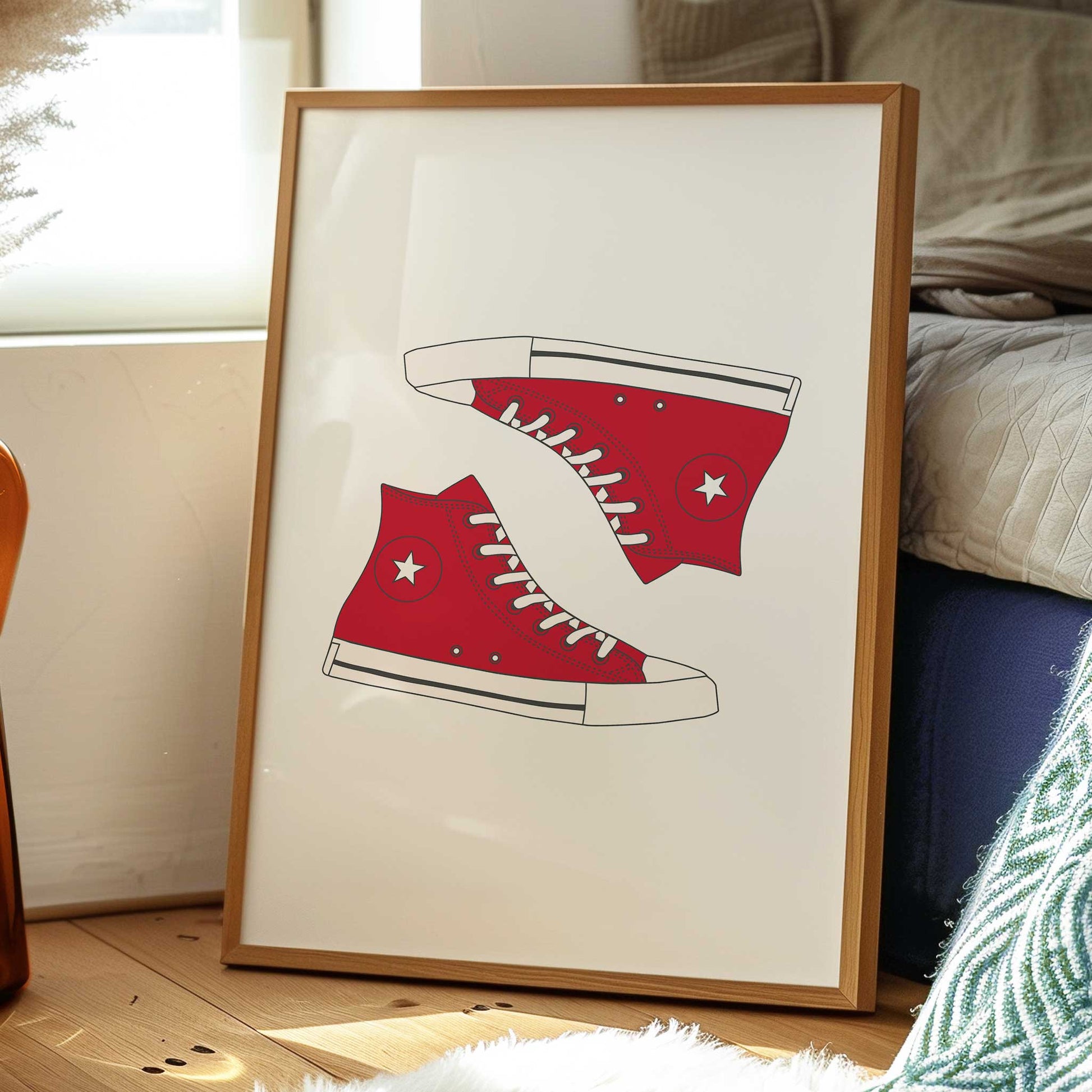 trendy red high top sneaker print mockup bedroom wooden frame