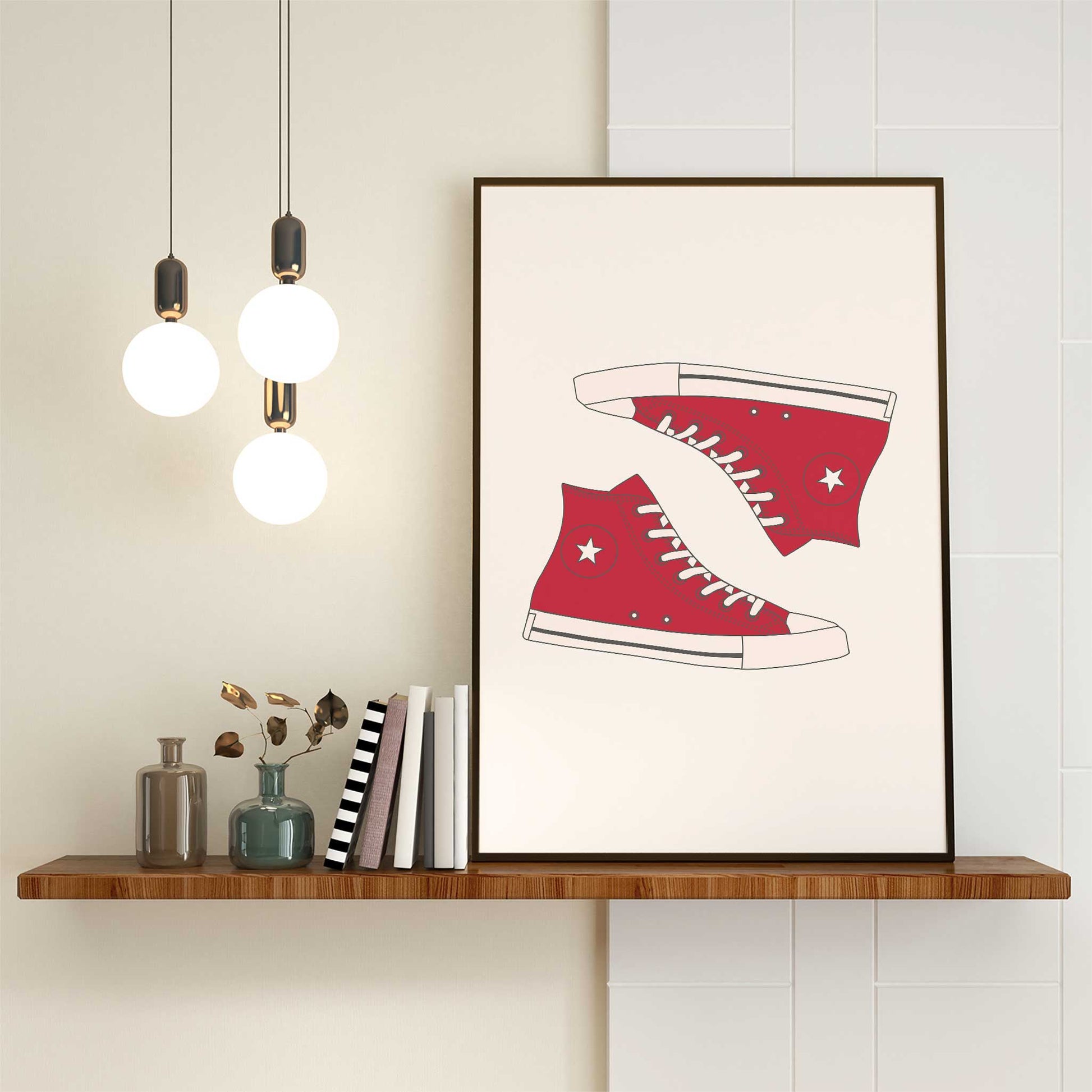 trendy red high top sneaker print mockup lounge black frame