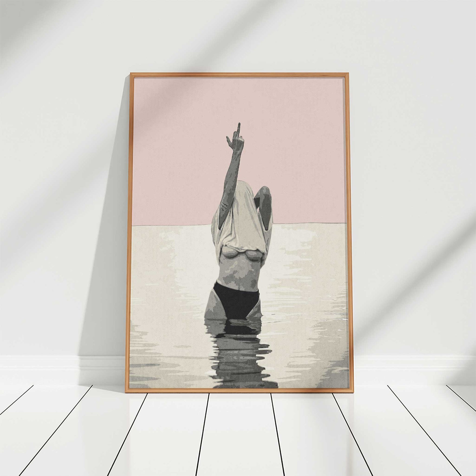 swearing girl middle finger print retro style mockup light wood frame on floor 