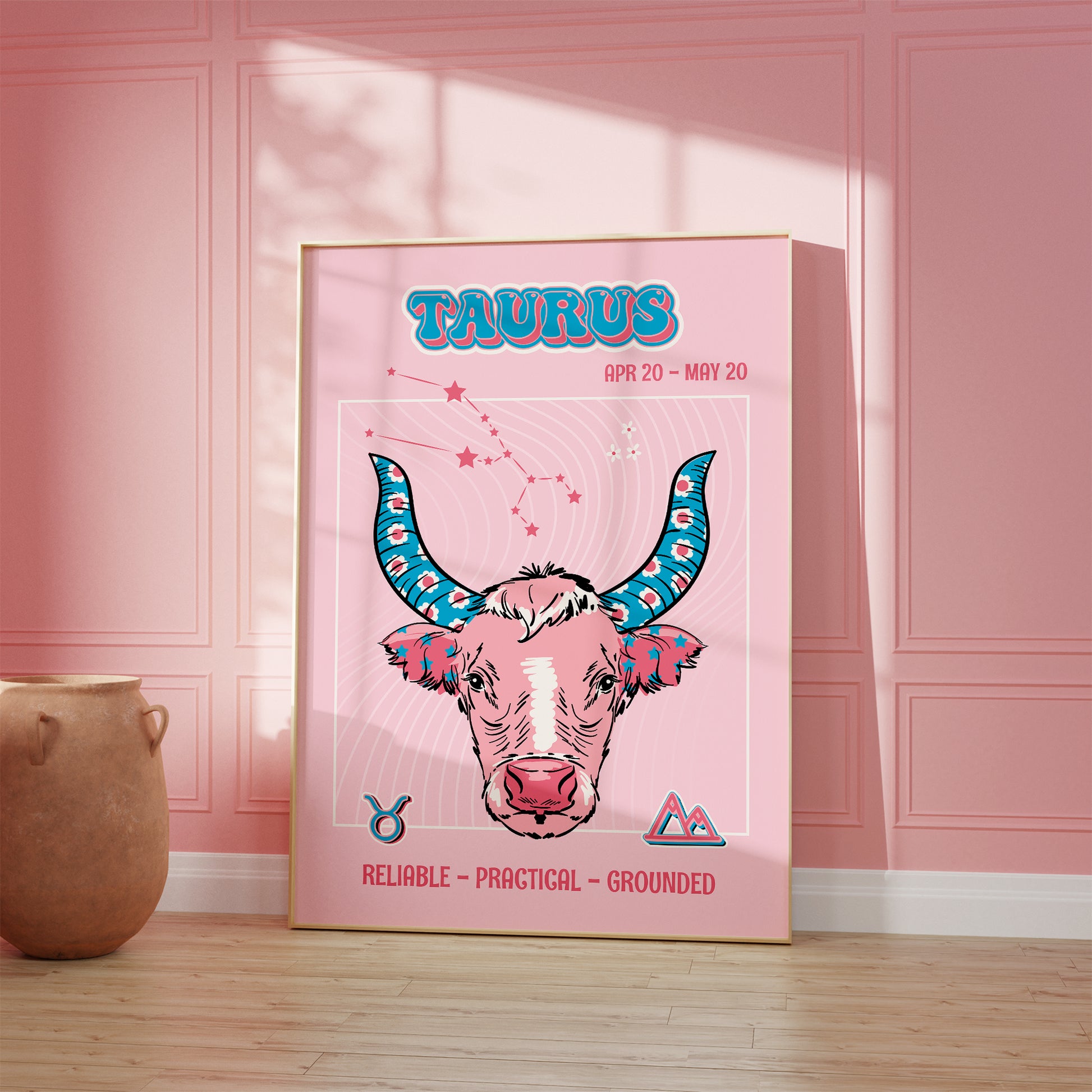 Taurus zodiac print retro style framed mockup trendy living room