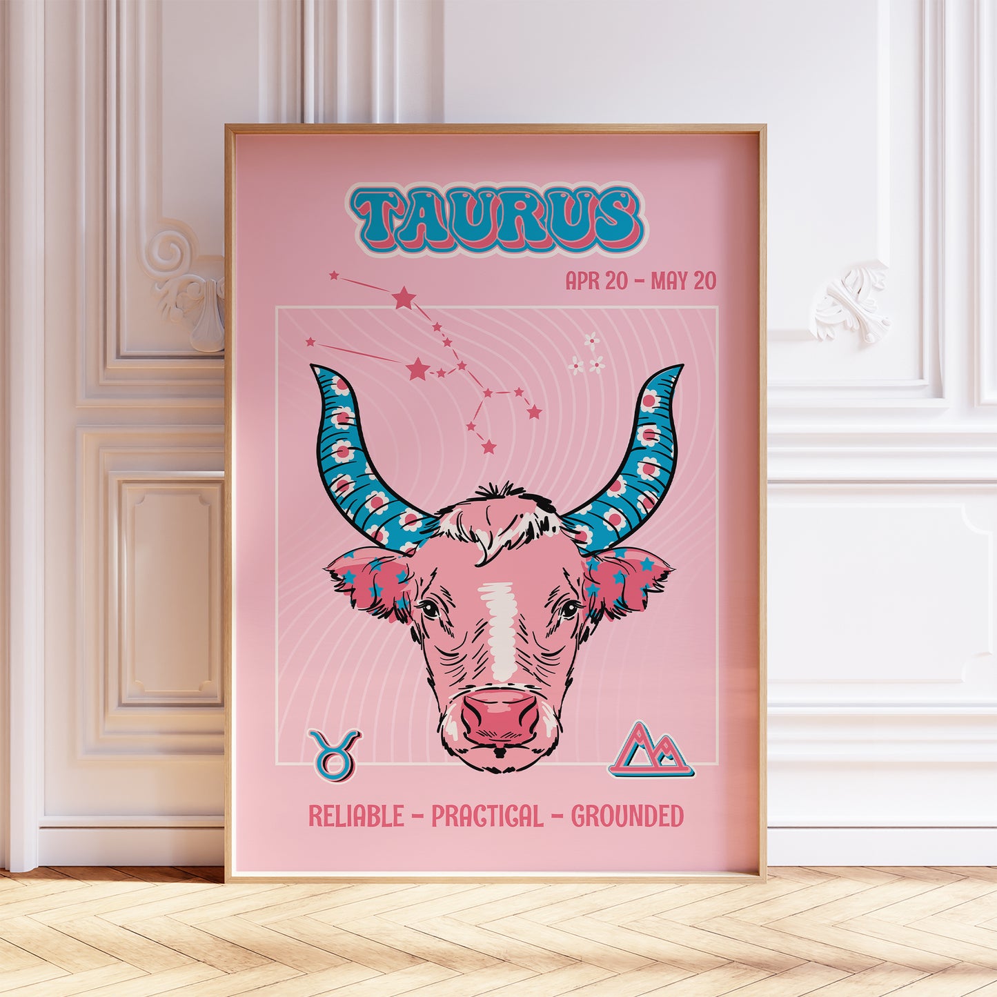 Taurus zodiac print retro style framed mockup trendy living room