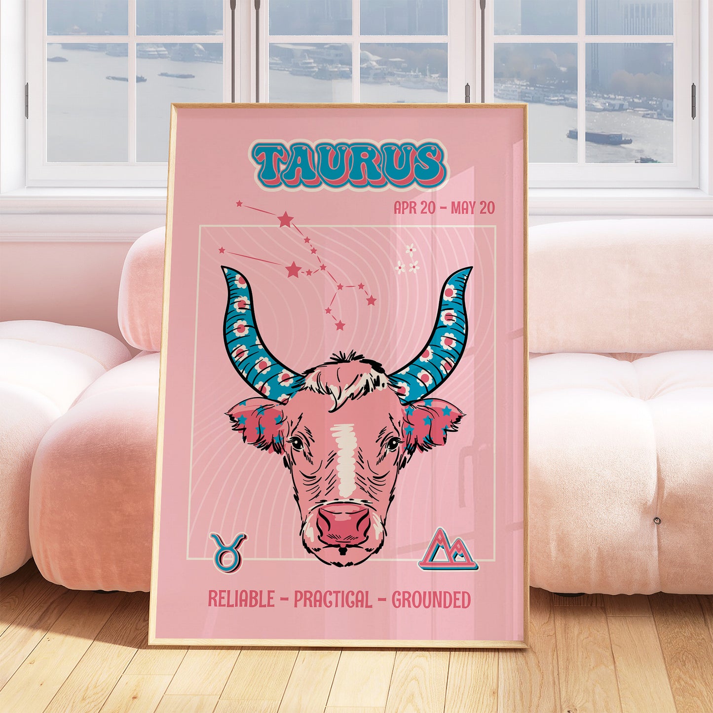 Taurus zodiac print retro style framed mockup trendy living room