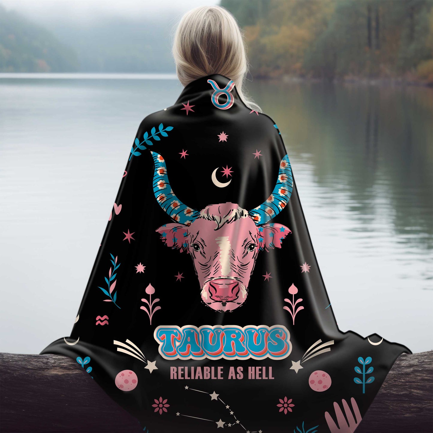 taurus zodiac sherpa blanket draped over girl by river