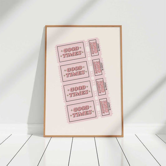 vintage ticket print good times peach colour mockup light wood frame white background