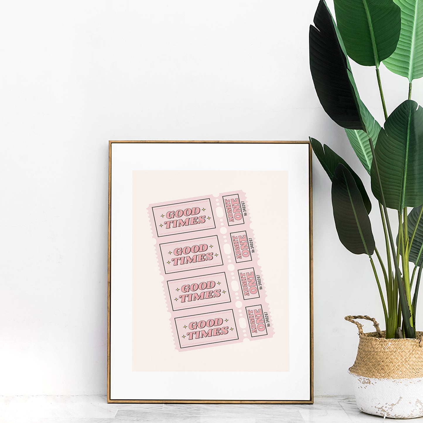 vintage ticket print good times peach colour mockup gold frame trendy lounge with plants