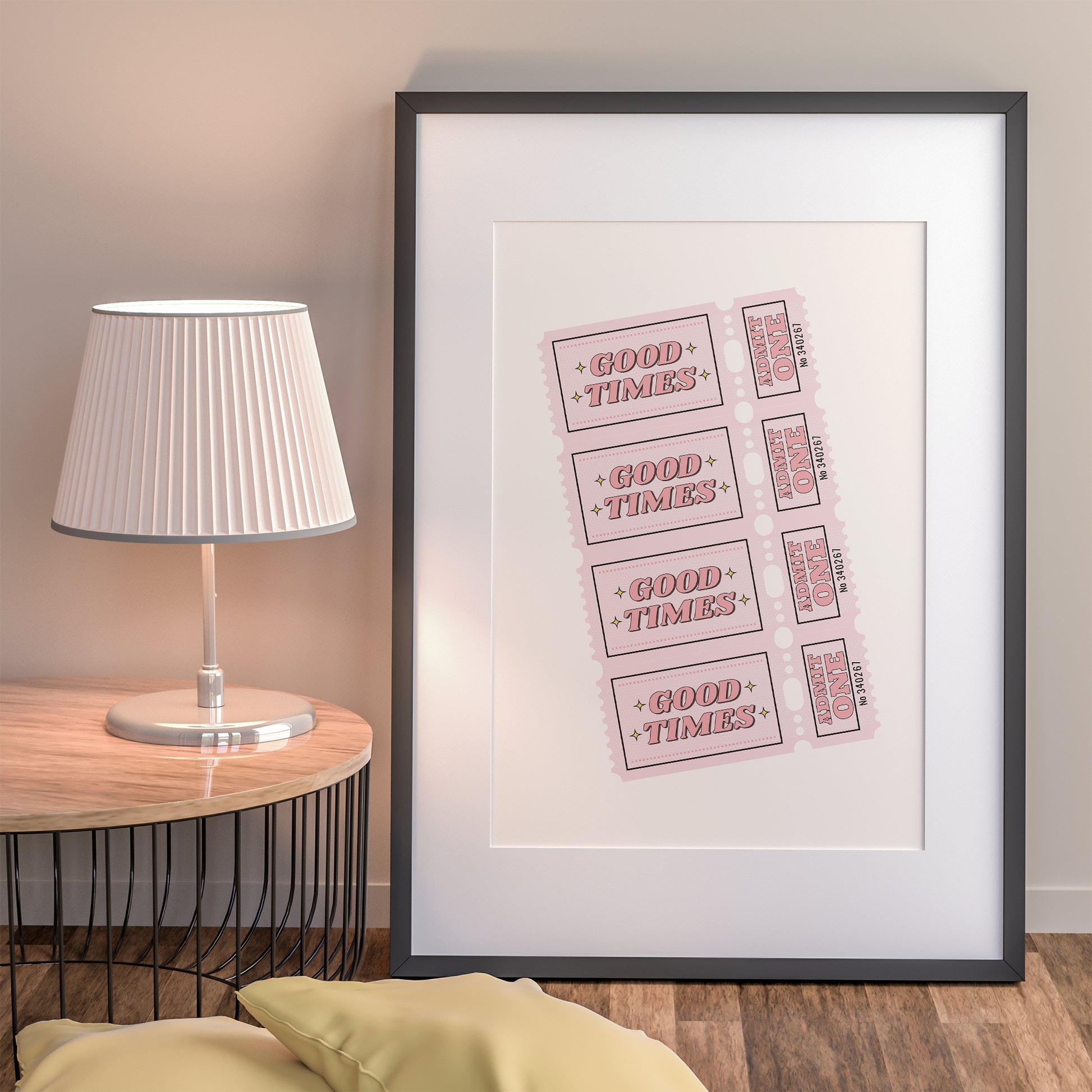 vintage ticket print good times peach colour mockup dark frame cozy living room