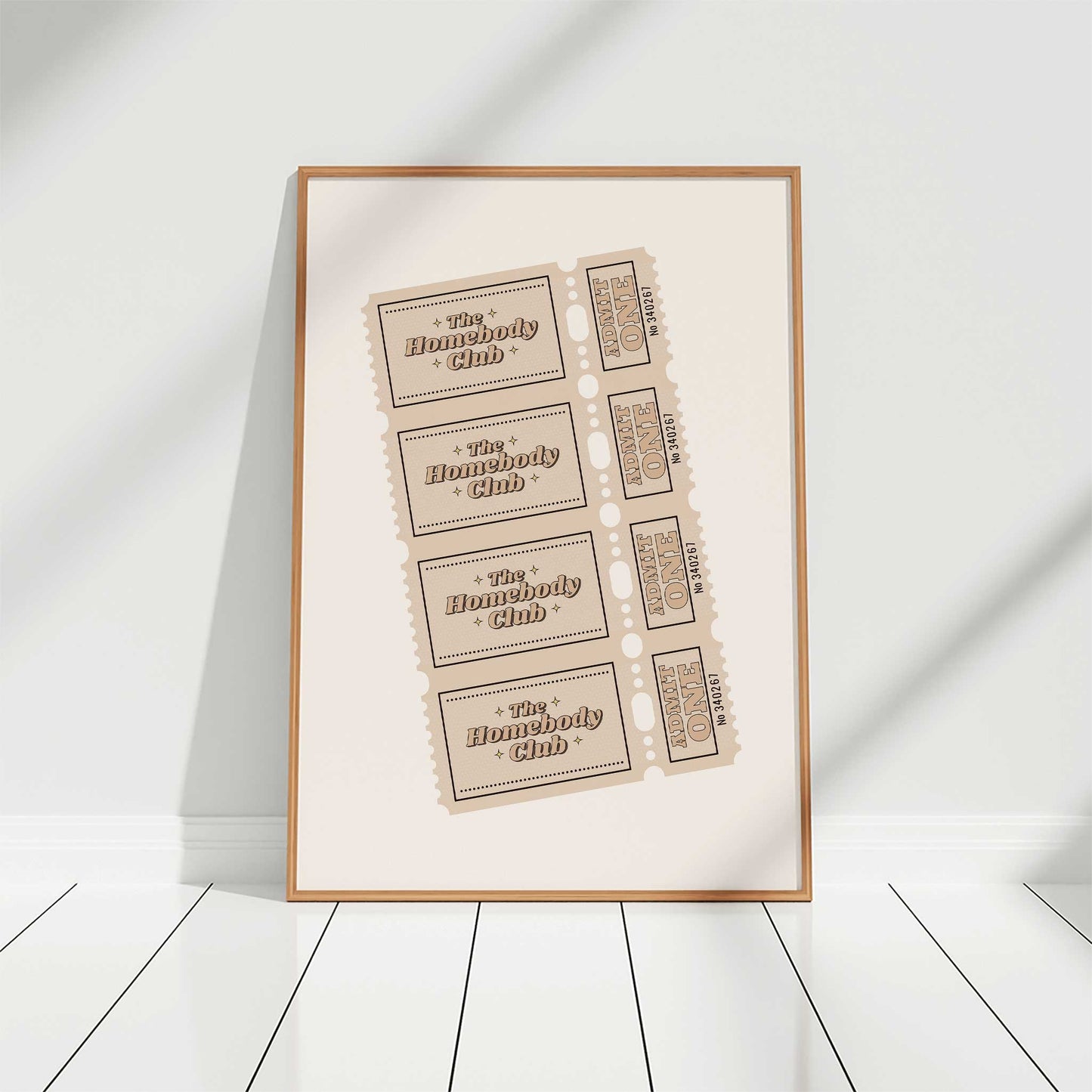 vintage ticket print the homebody club neutral color mockup light wooden frame white background