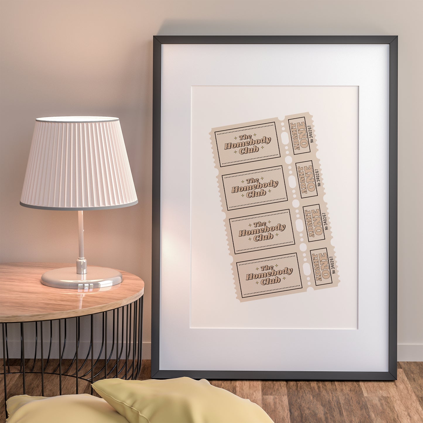 vintage ticket print the homebody club neutral color mockup dark frame cozy living room