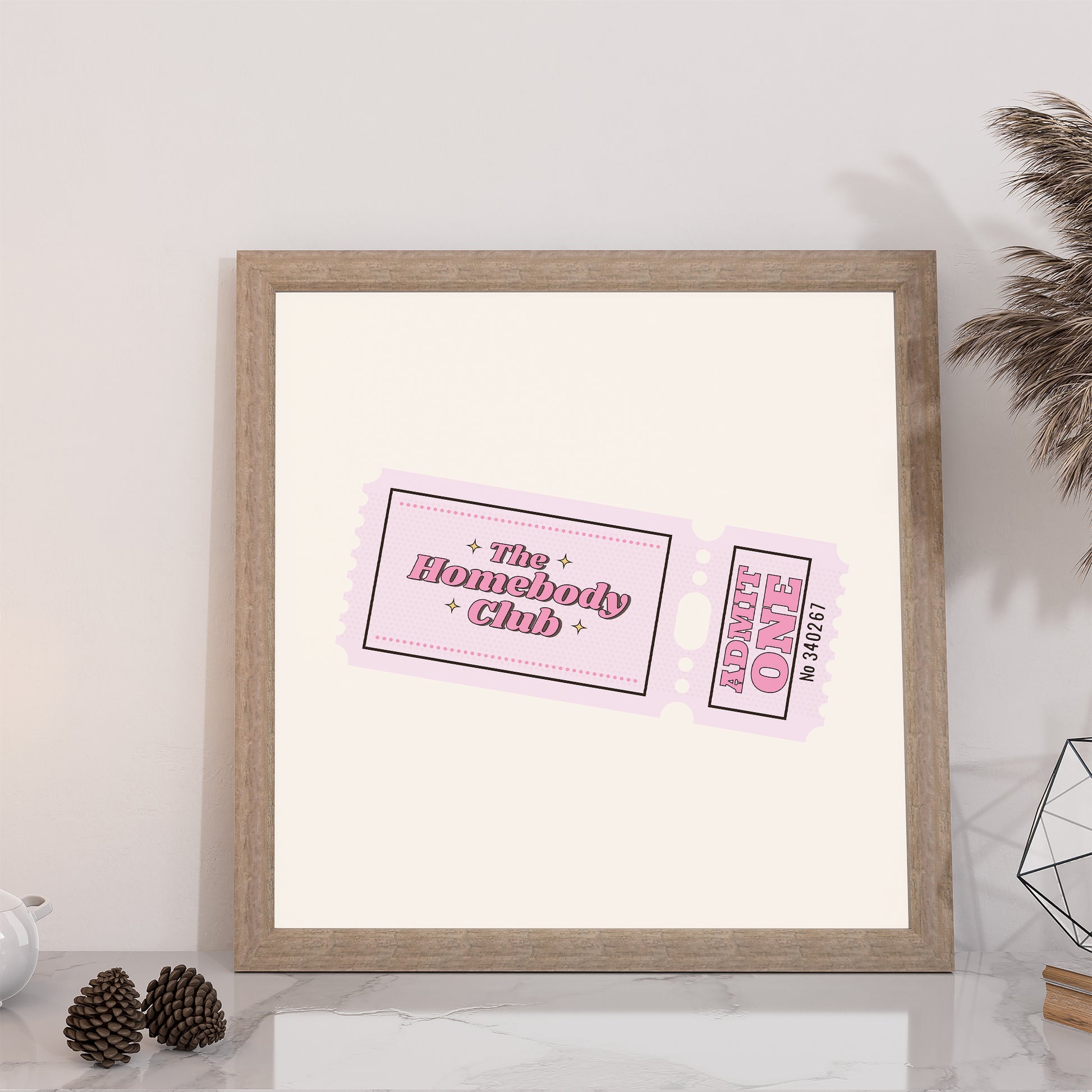 vintage ticket print the homebody club pink color mockup light wooden frame shelf trendy lounge