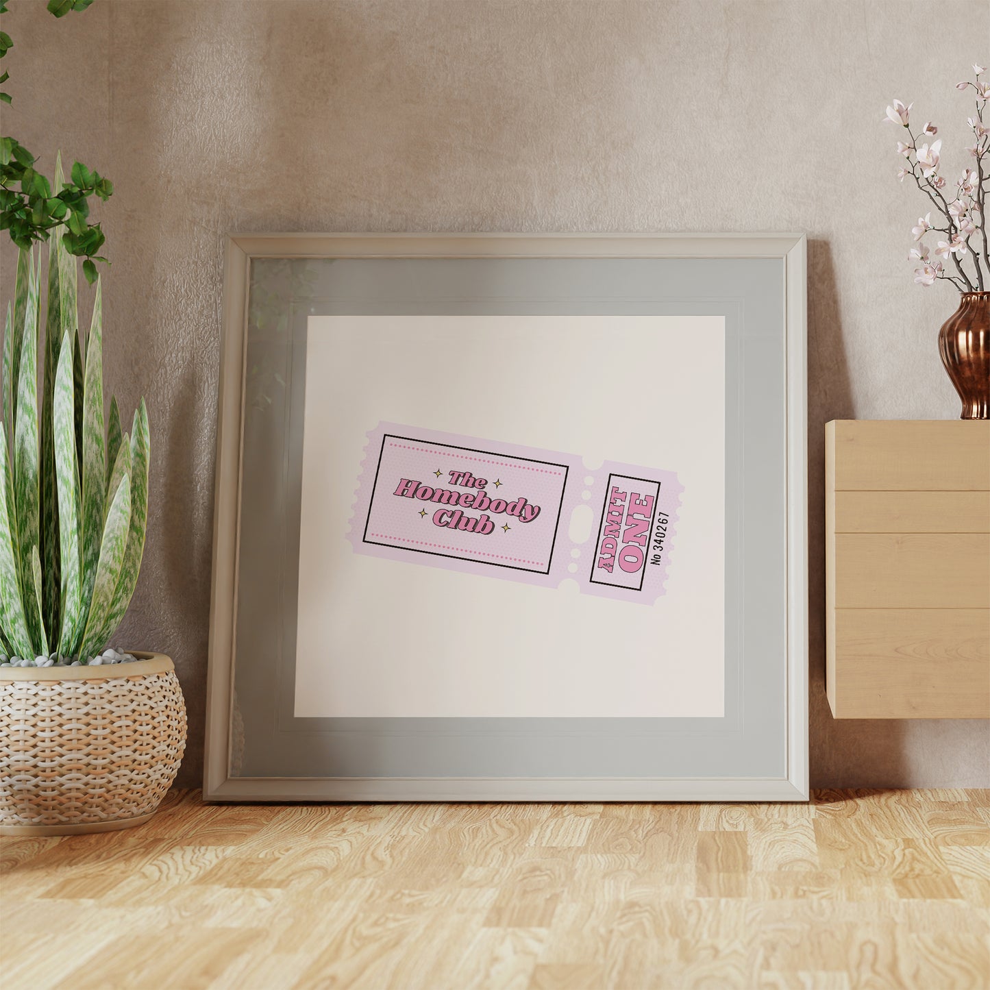 vintage ticket print the homebody club pink color mockup light frame floor trendy apartment