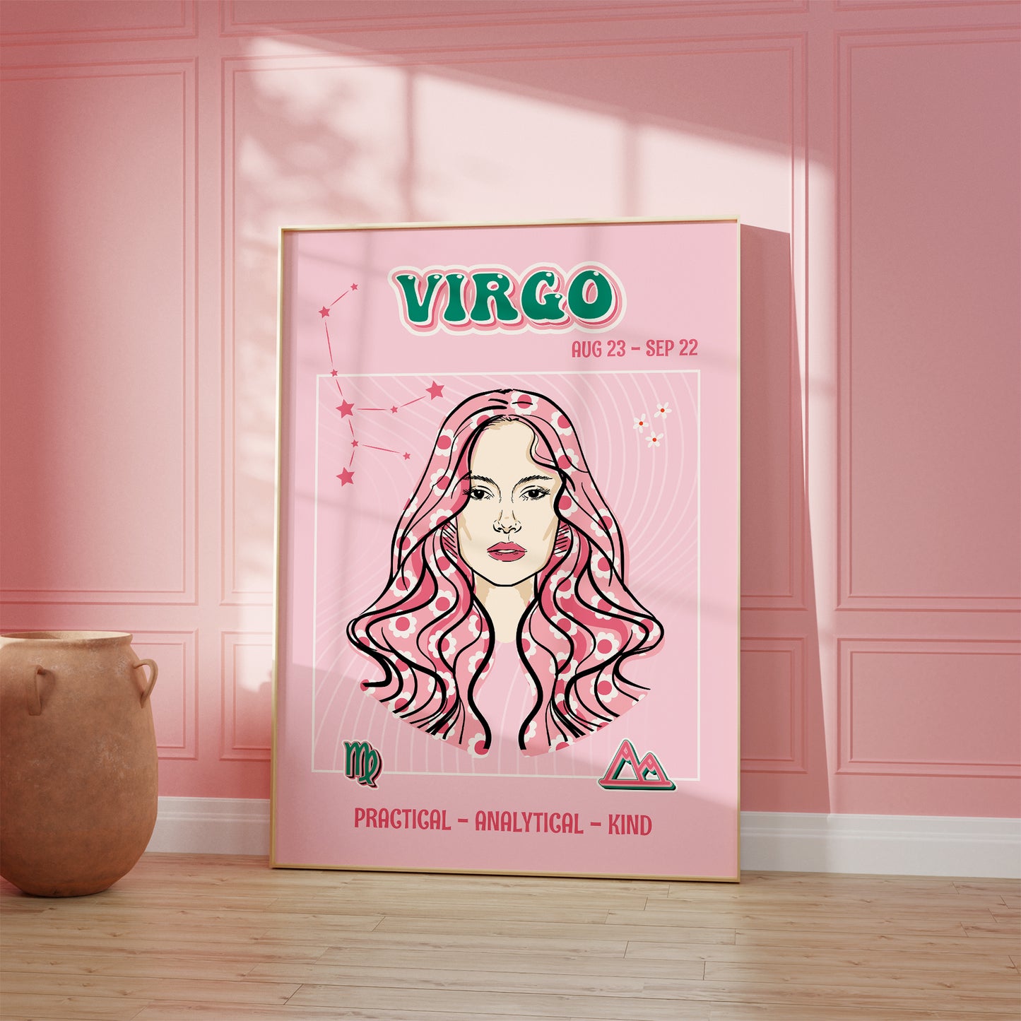 Virgo zodiac print retro style framed mockup trendy living room